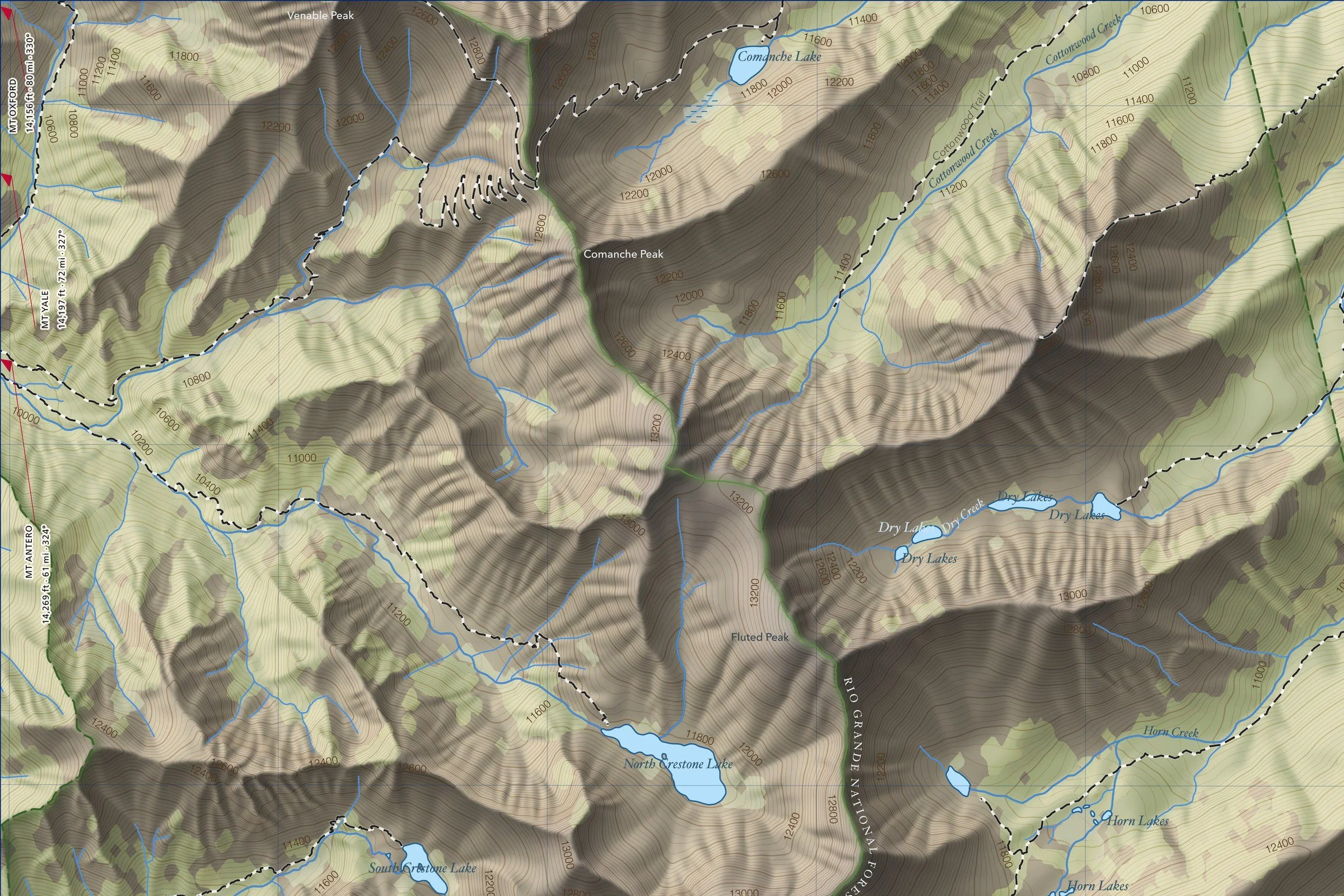 Close-up of the Crestones map showing trails, lakes and contours