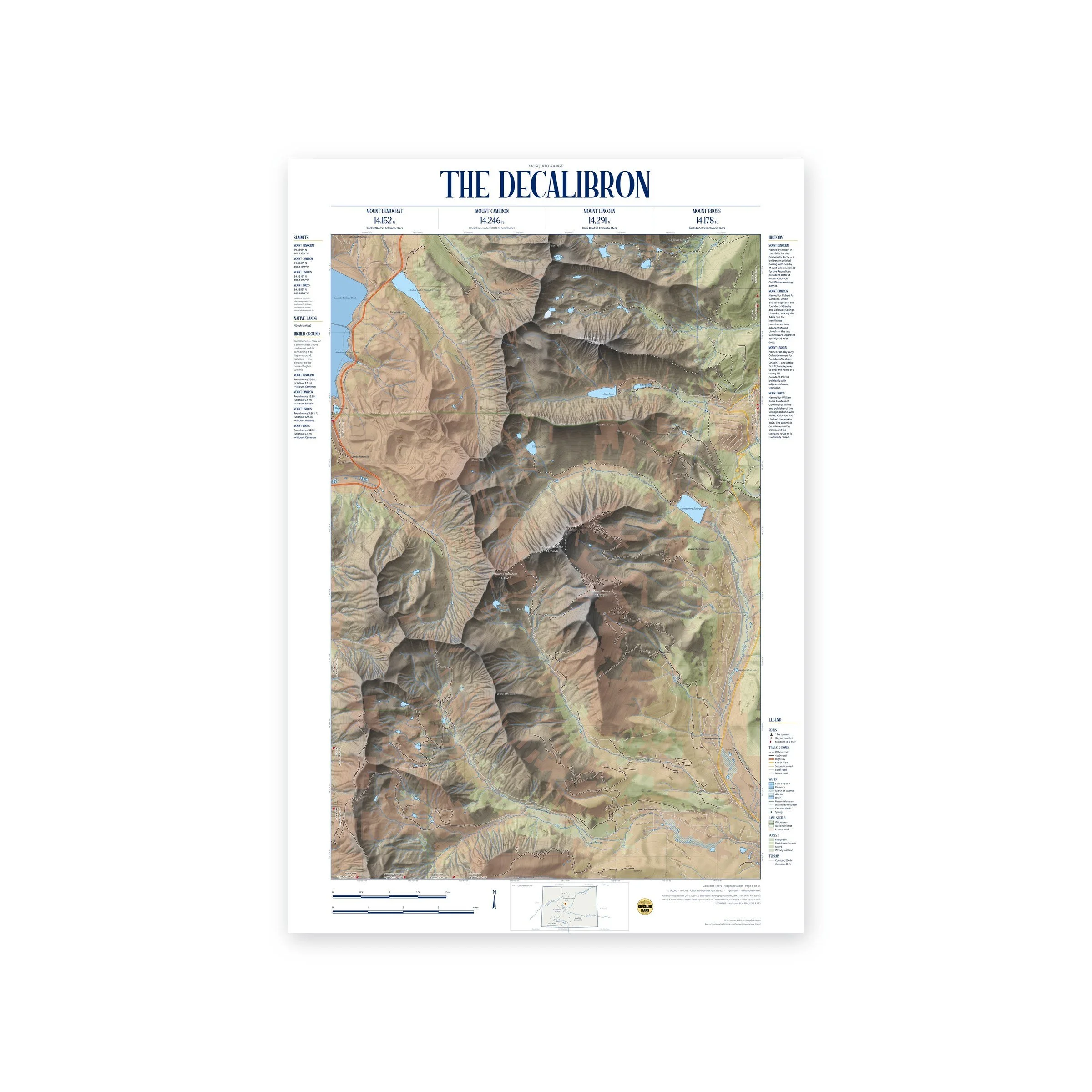 The Decalibron: Mounts Democrat, Cameron, Lincoln & Bross topographic map print, full view