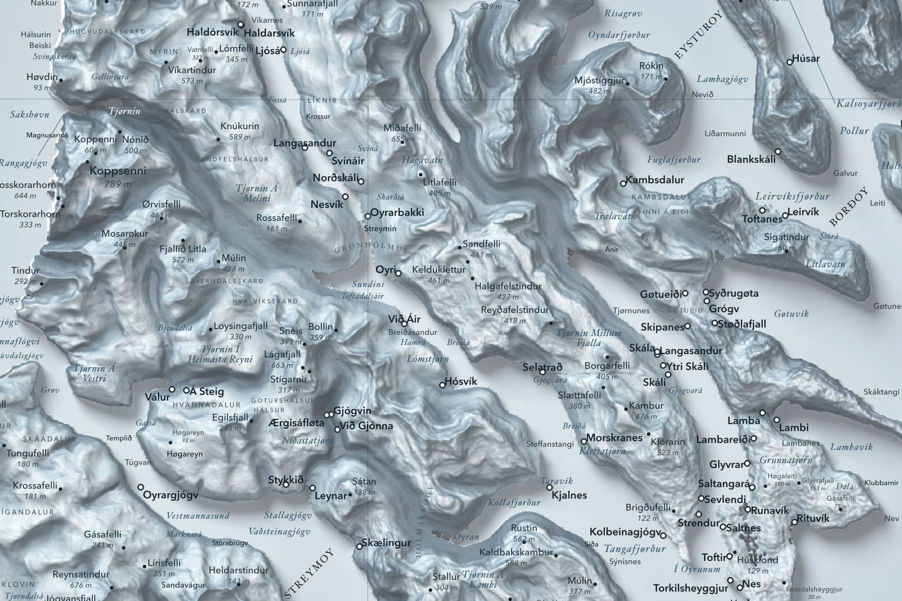 Close-up of the northern Faroe Islands on the shaded relief map
