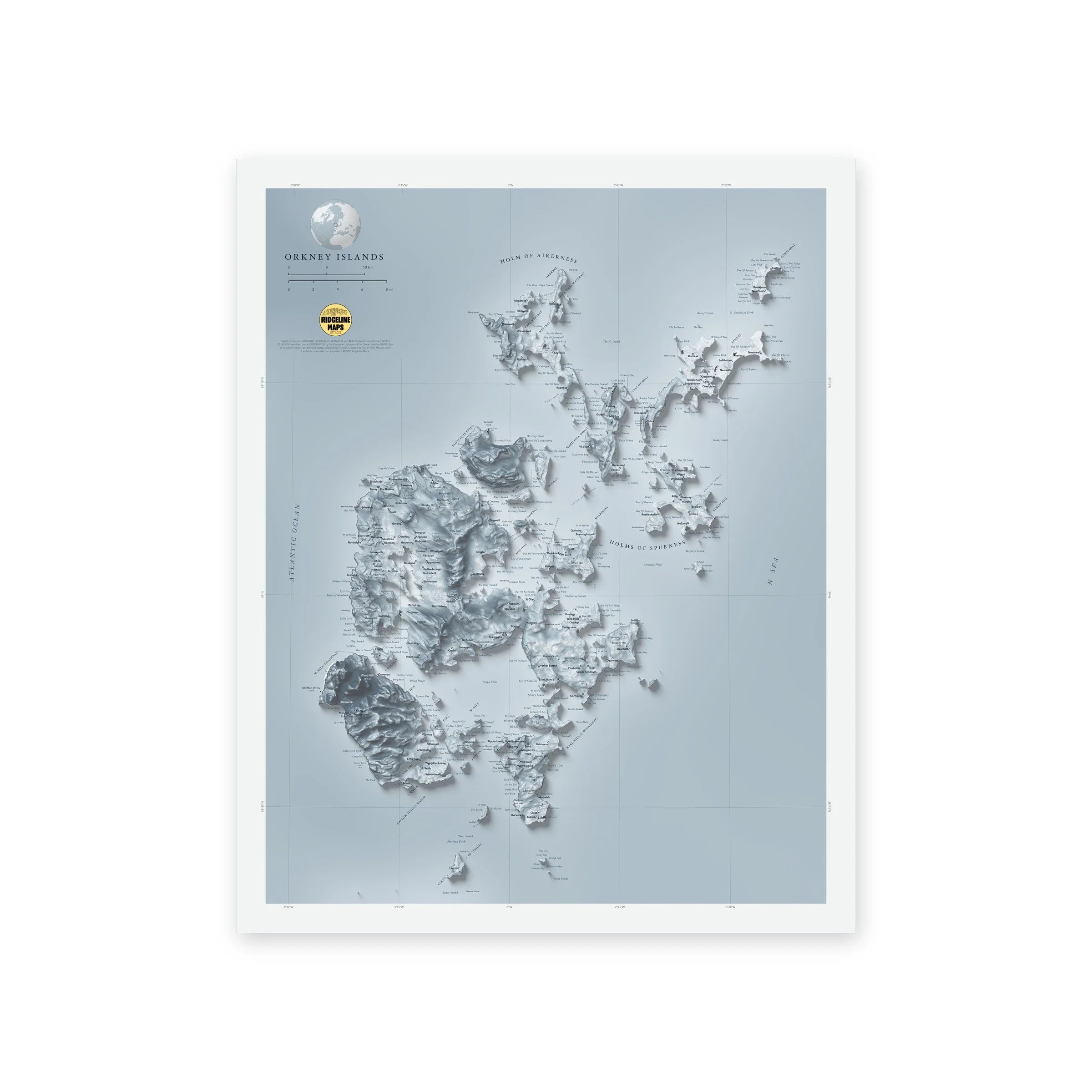 Shaded relief map of the Orkney Islands, Scotland