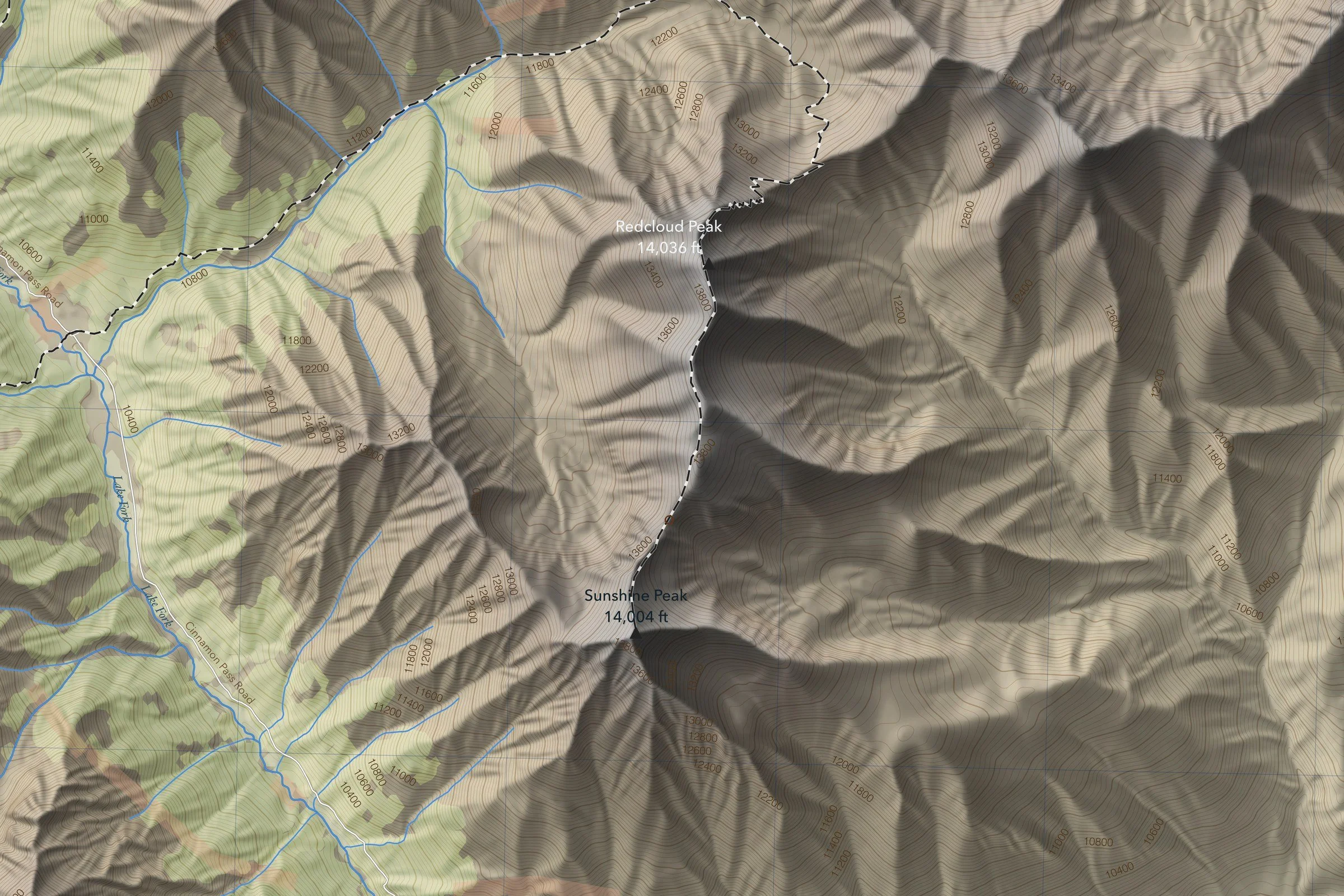 Close-up of the Redcloud & Sunshine map around the summit