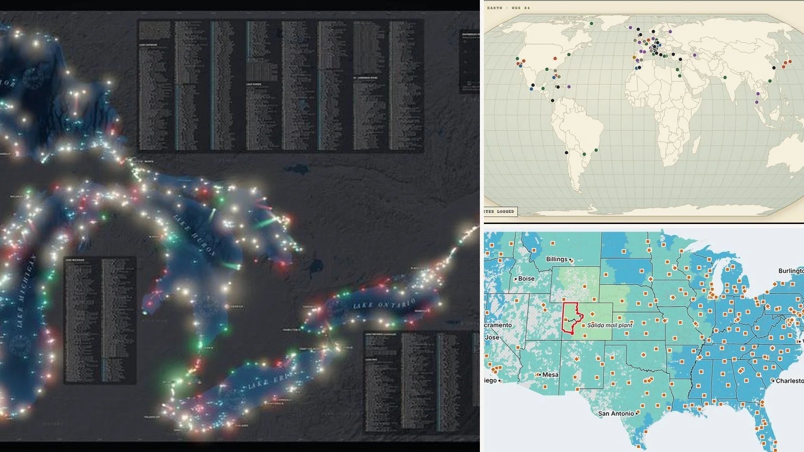 Previews of three interactive maps: the glowing Great Lakes lighthouse night chart, a world map of James Bond filming locations, and a U.S. map shaded by USPS delivery days