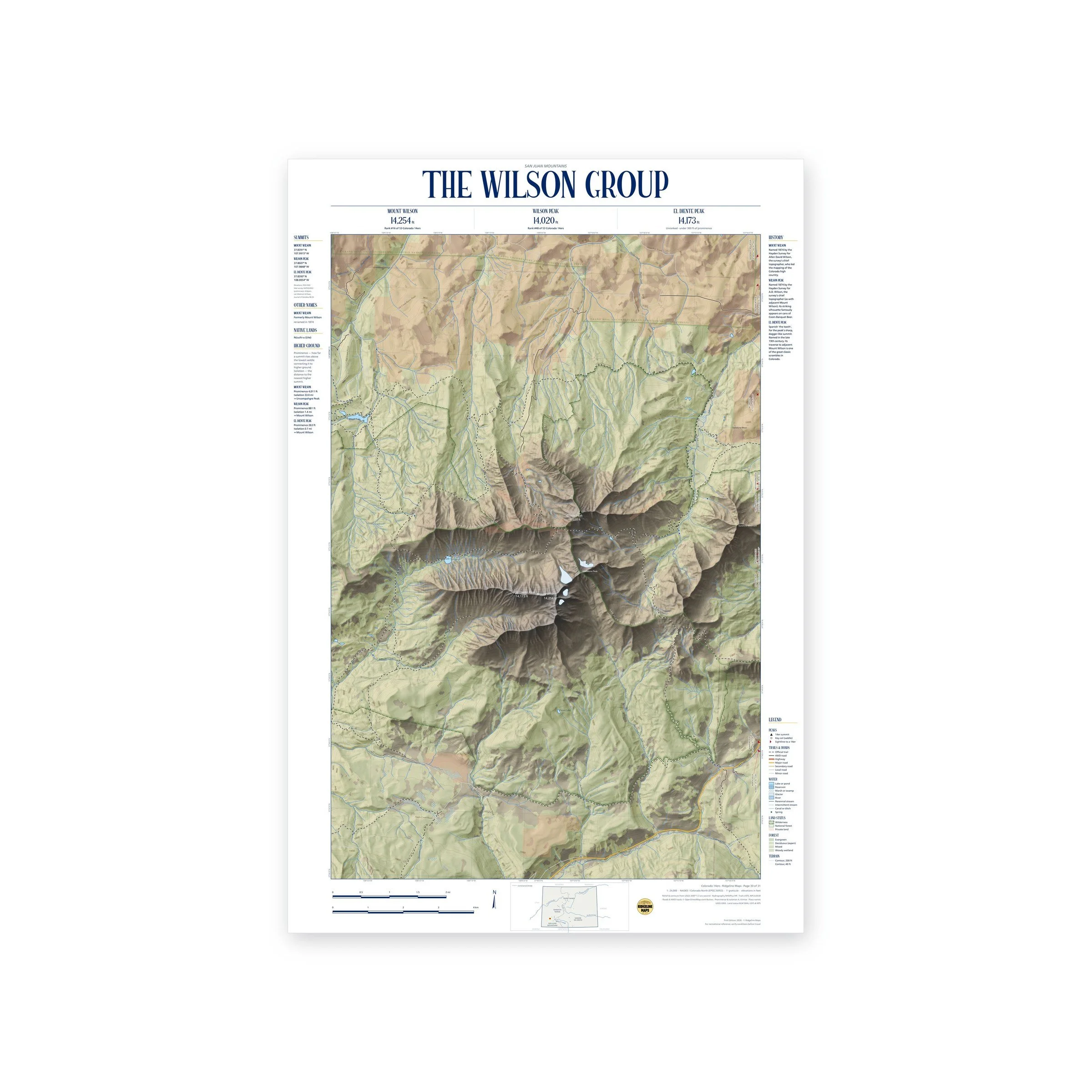 The Wilson Group: Mount Wilson, Wilson Peak & El Diente Peak topographic map print, full view
