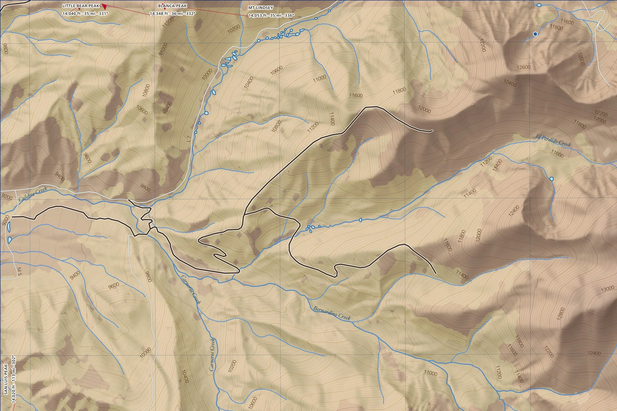Close-up of the Culebra Peak map showing trails, lakes and contours