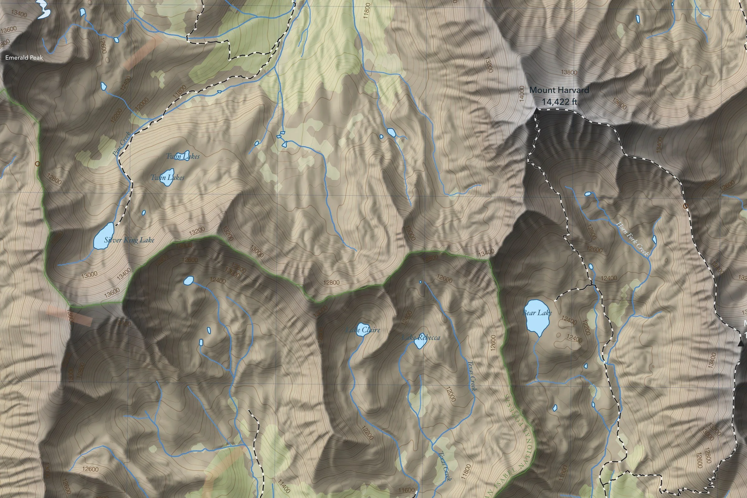 Close-up of the Missouri Gulch map showing trails, lakes and contours
