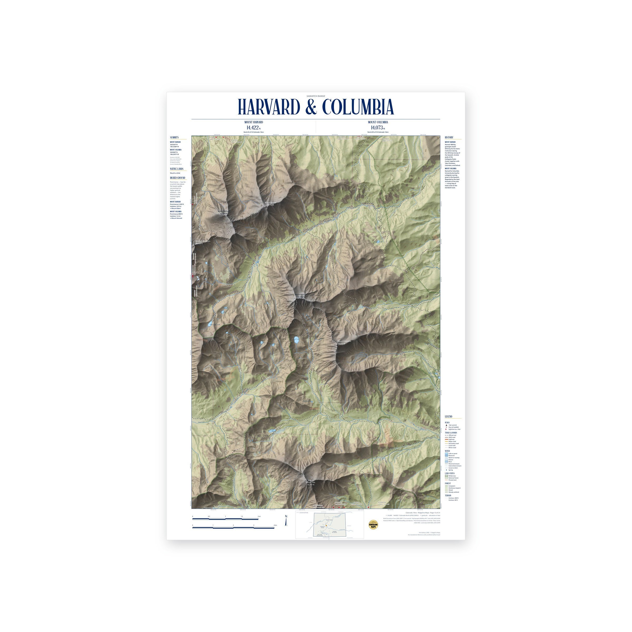 Mount Harvard & Mount Columbia topographic map print, full view