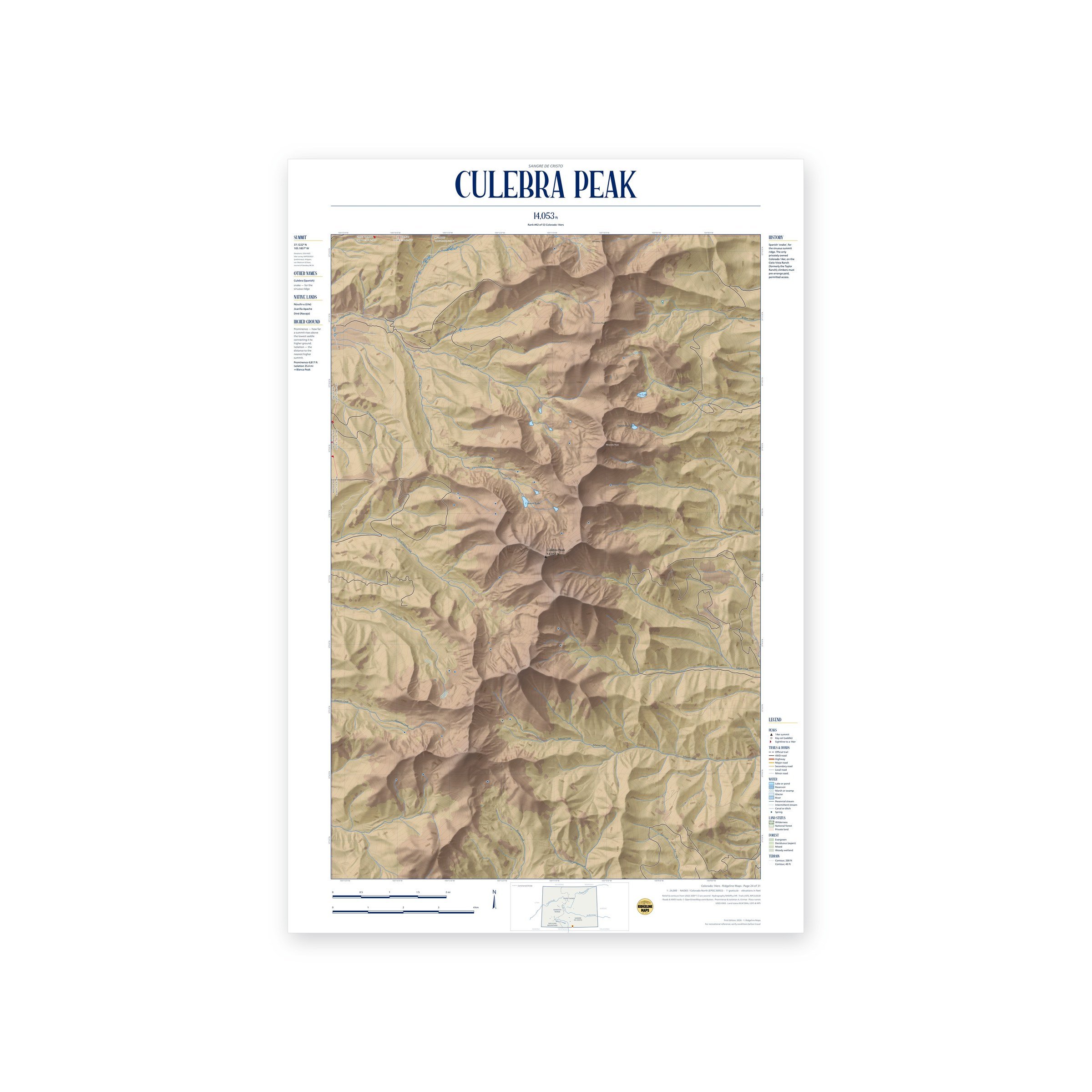 Culebra Peak topographic map print, full view