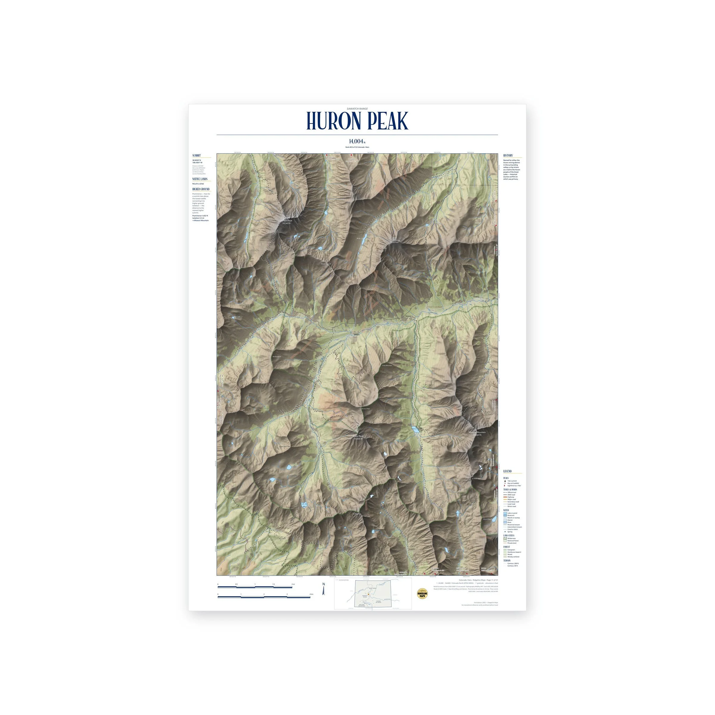 Huron Peak topographic map print, full view