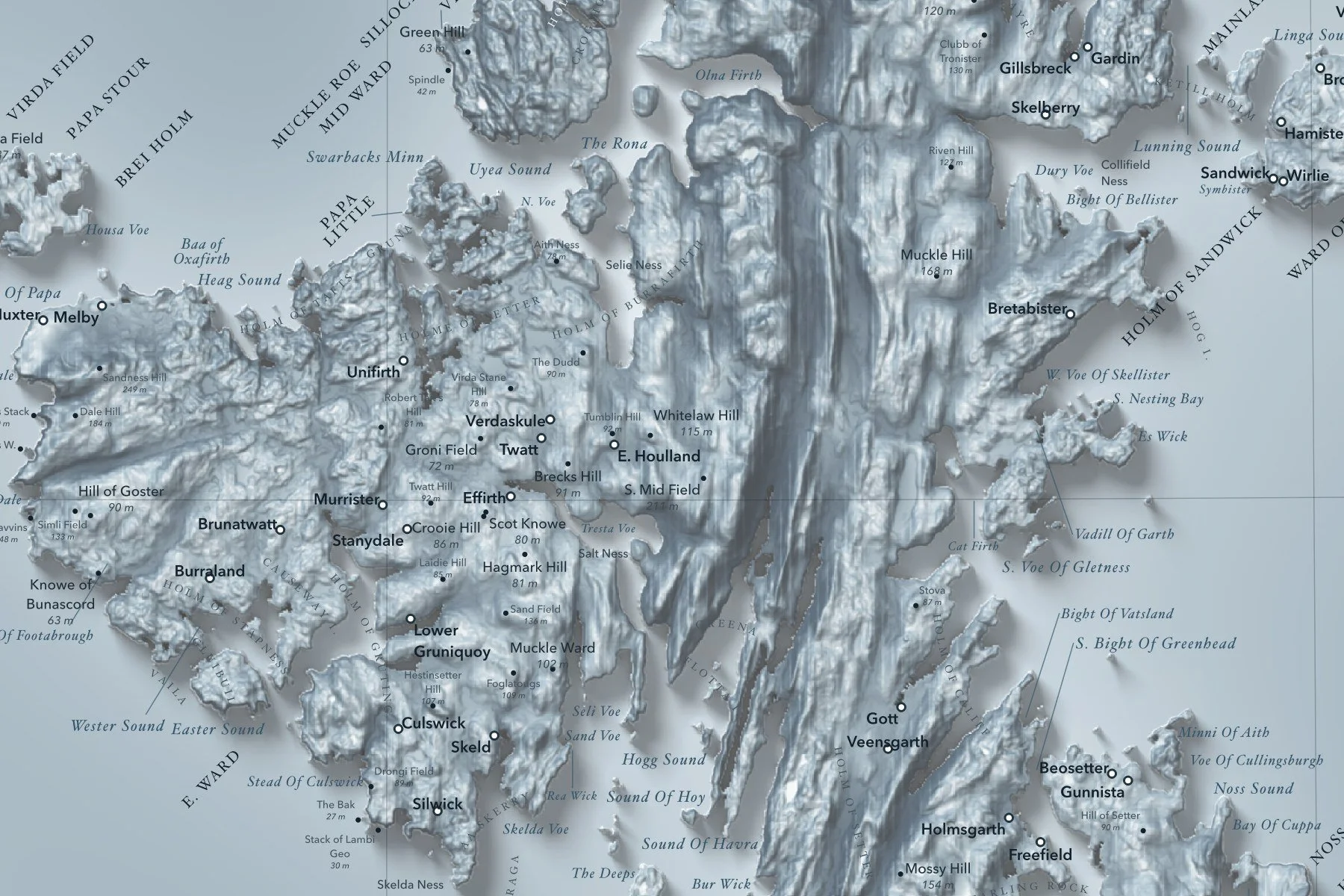 Close-up of Mainland, Shetland, on the shaded relief map