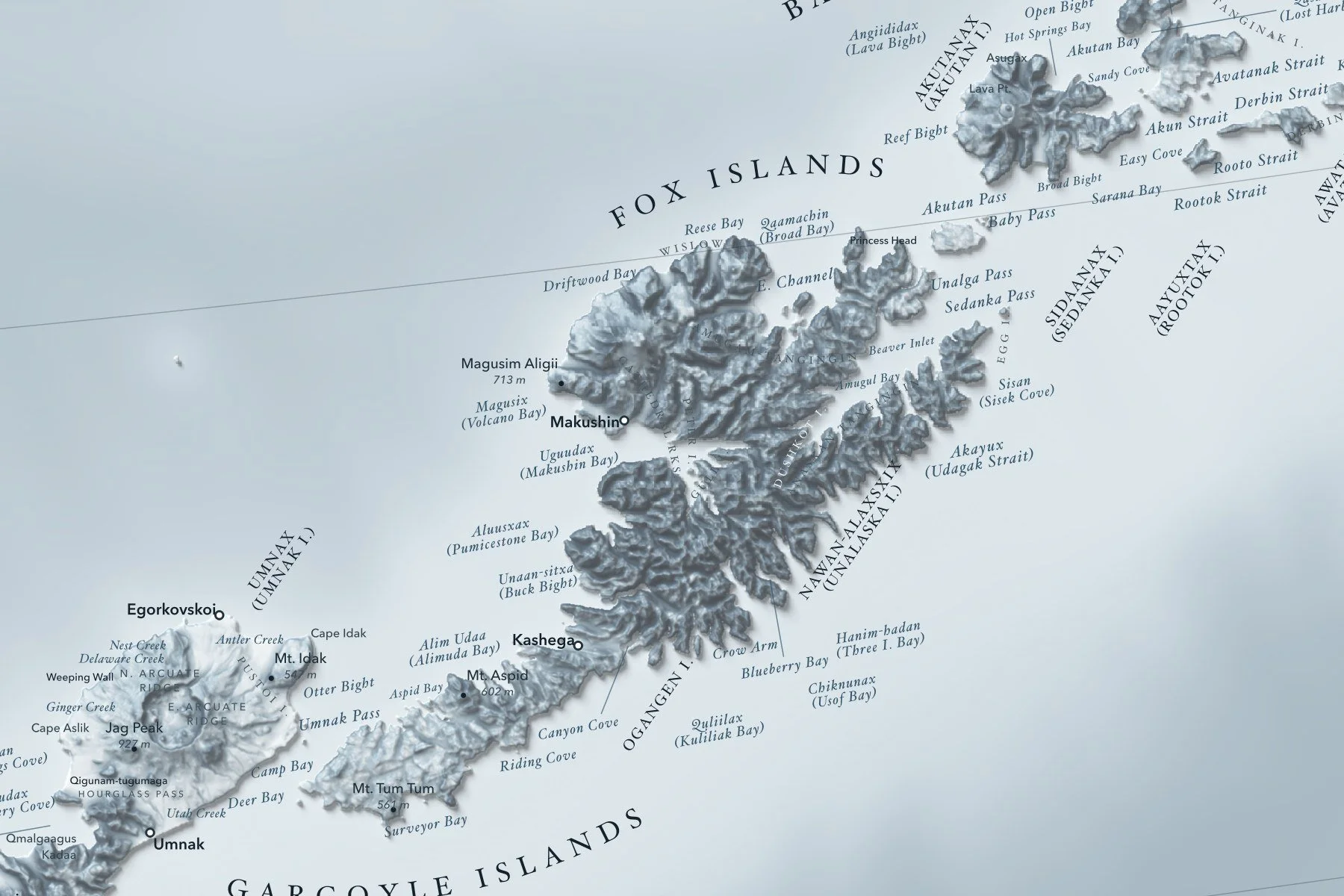 Close-up of the Fox Islands on the Aleutian Islands map
