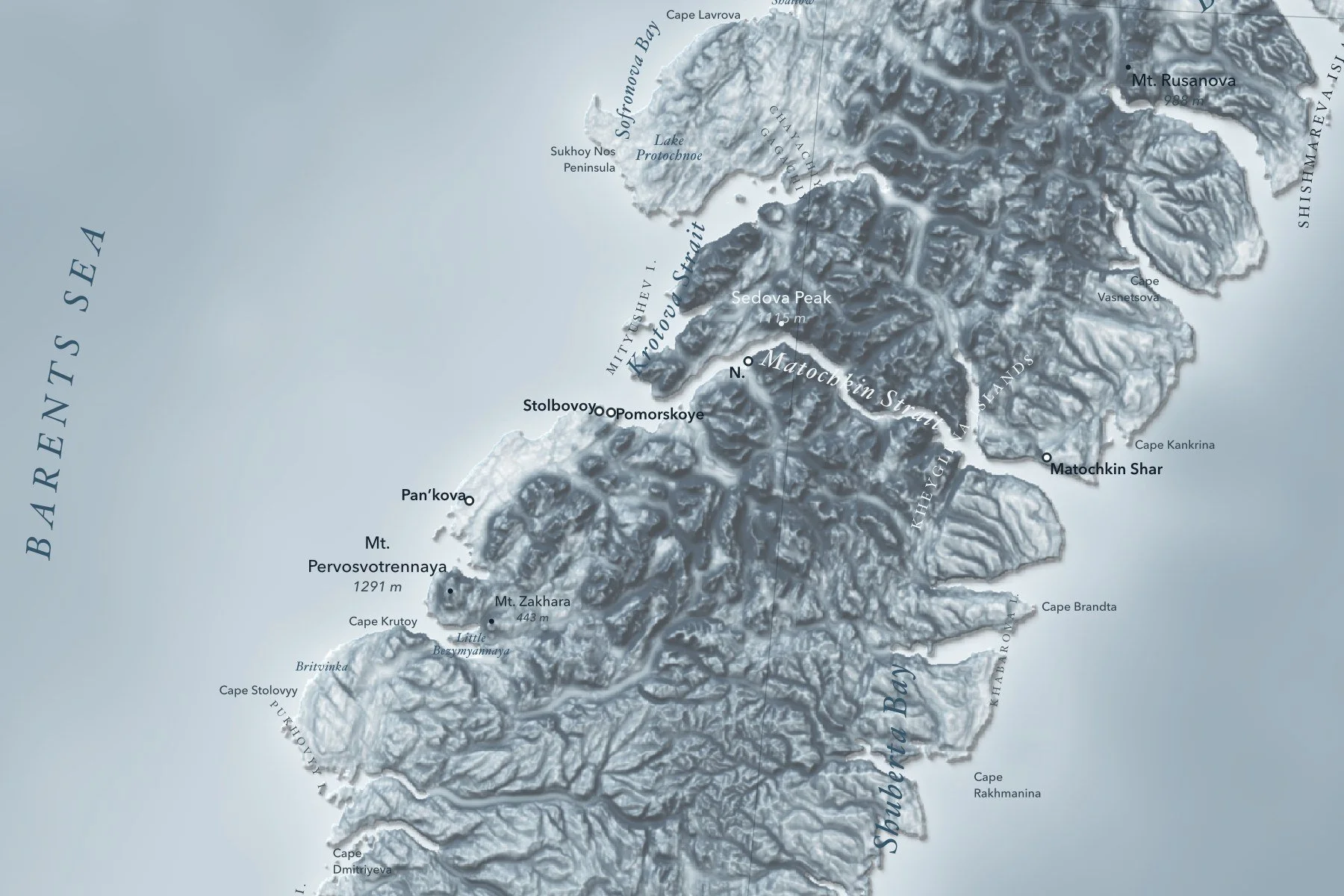Close-up of the mountains of Novaya Zemlya's west coast