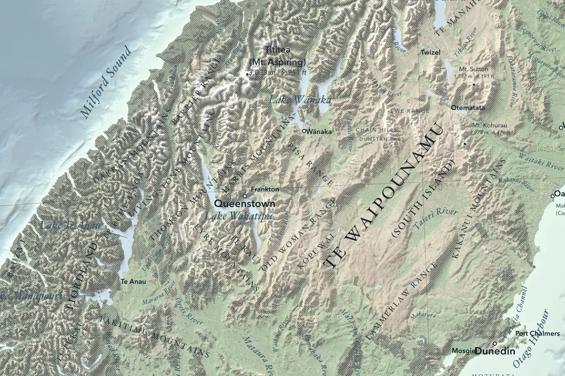 Close-up of Fiordland, Queenstown and Lake Wānaka on the New Zealand map
