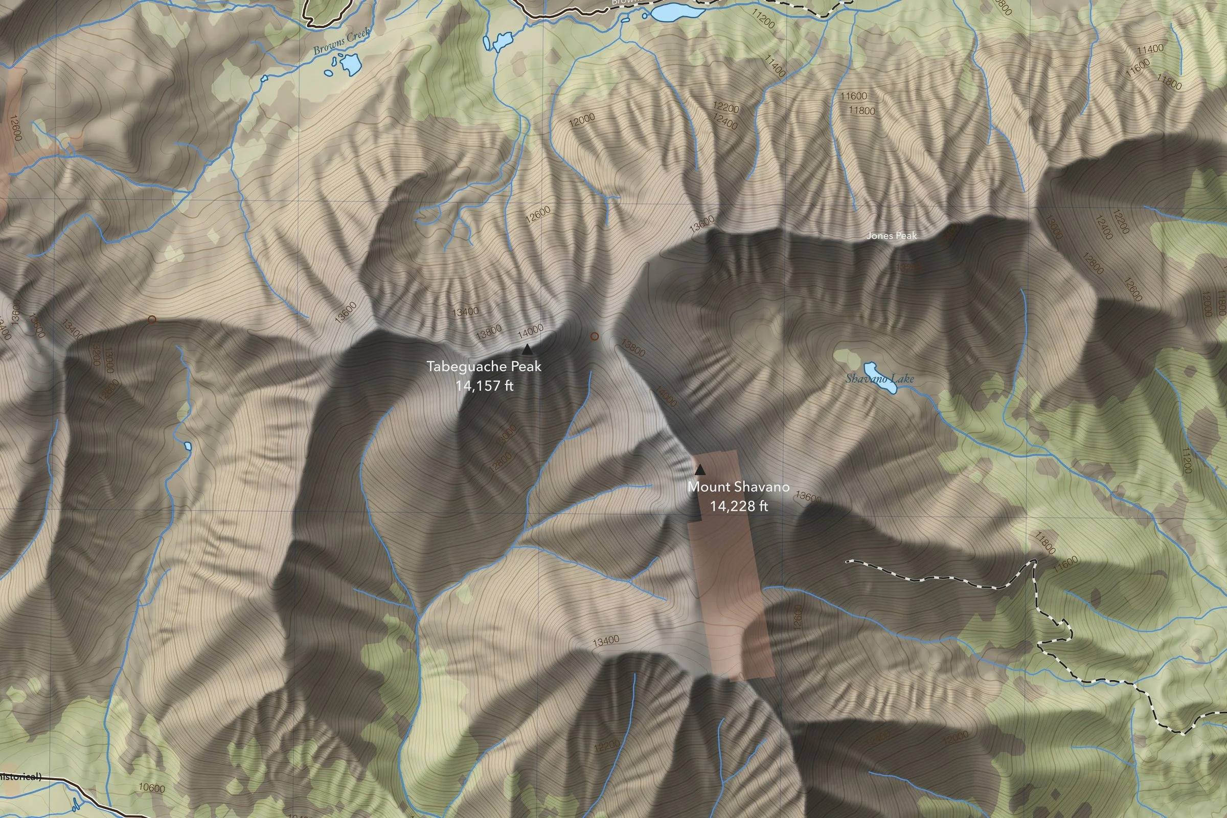 Close-up of the Shavano & Tabeguache map around the summit