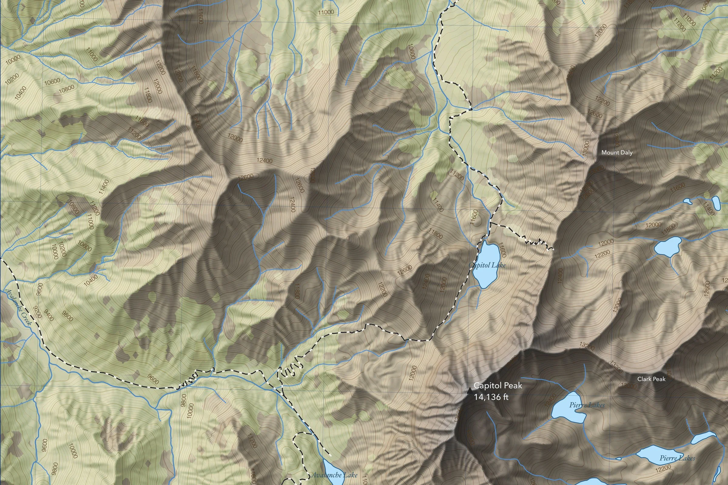 Close-up of the Snowmass Mountain map showing trails, lakes and contours