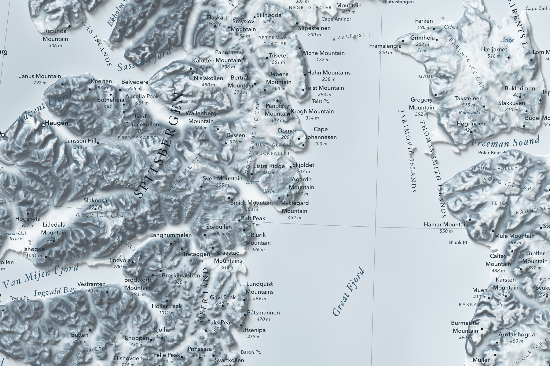 Close-up of central Spitsbergen and Van Mijen Fjord on the Svalbard map