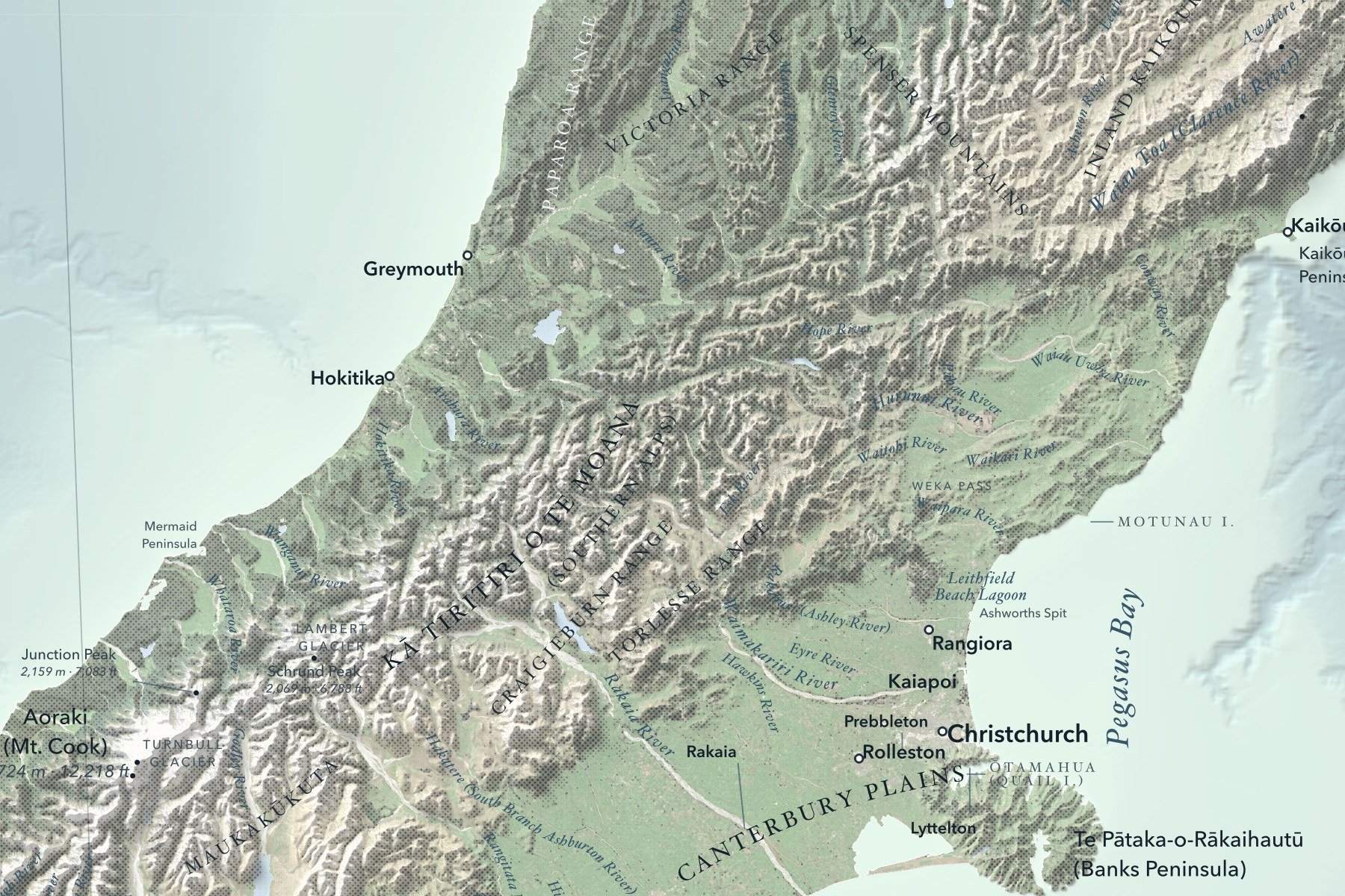 Close-up of the Southern Alps and the Canterbury Plains on the New Zealand map