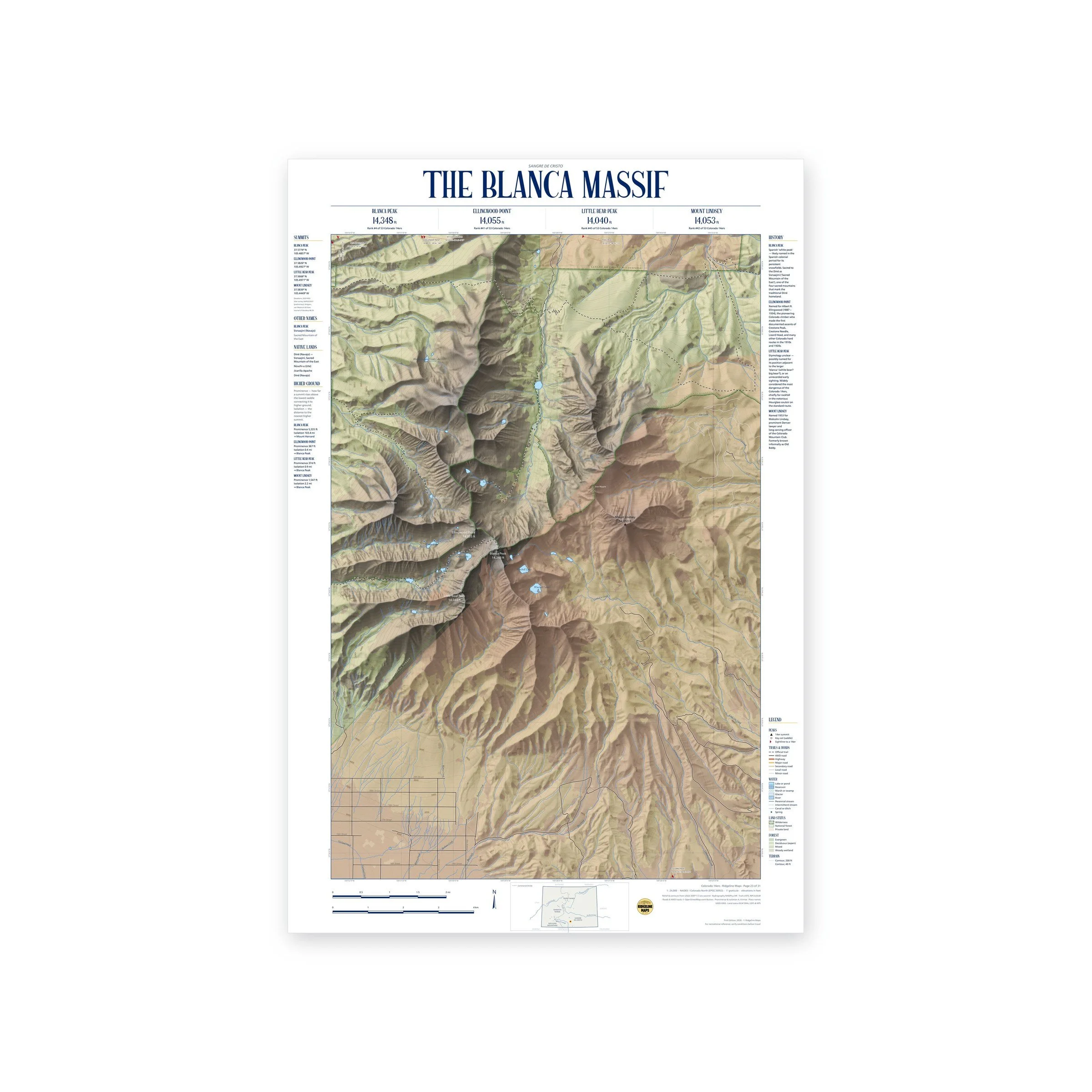 The Blanca Massif: Blanca Peak, Ellingwood Point, Little Bear Peak & Mount Lindsey topographic map print, full view