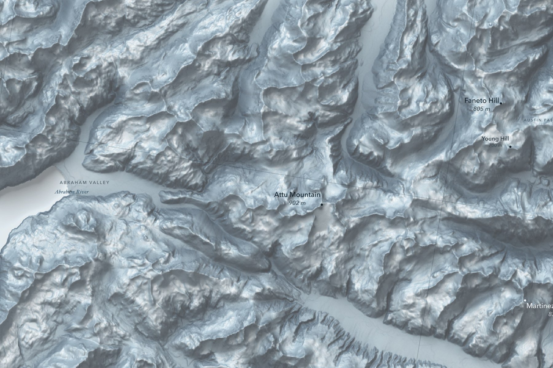Close-up of Attu Mountain and the island's central peaks on the Attu map