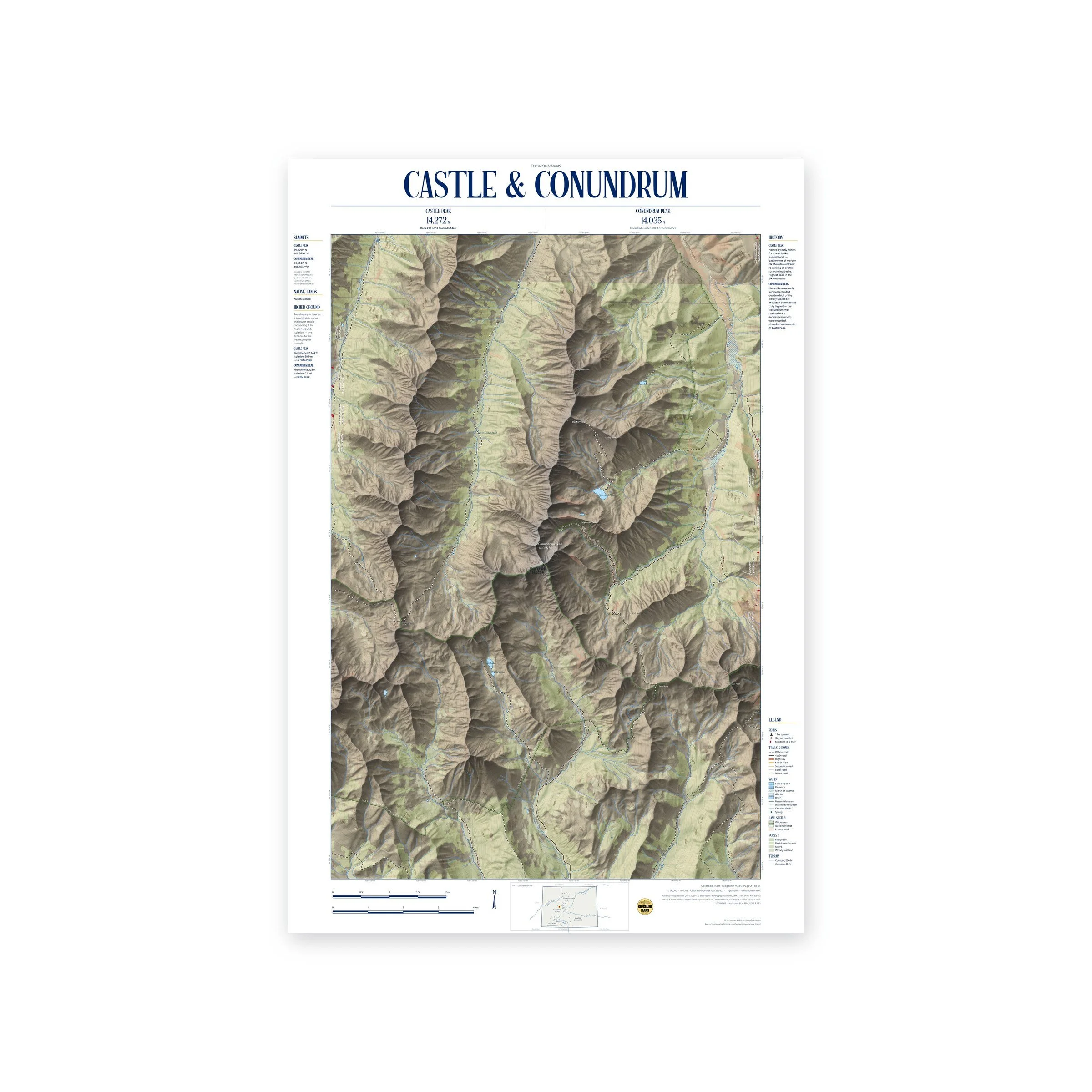 Castle Peak & Conundrum Peak topographic map print, full view