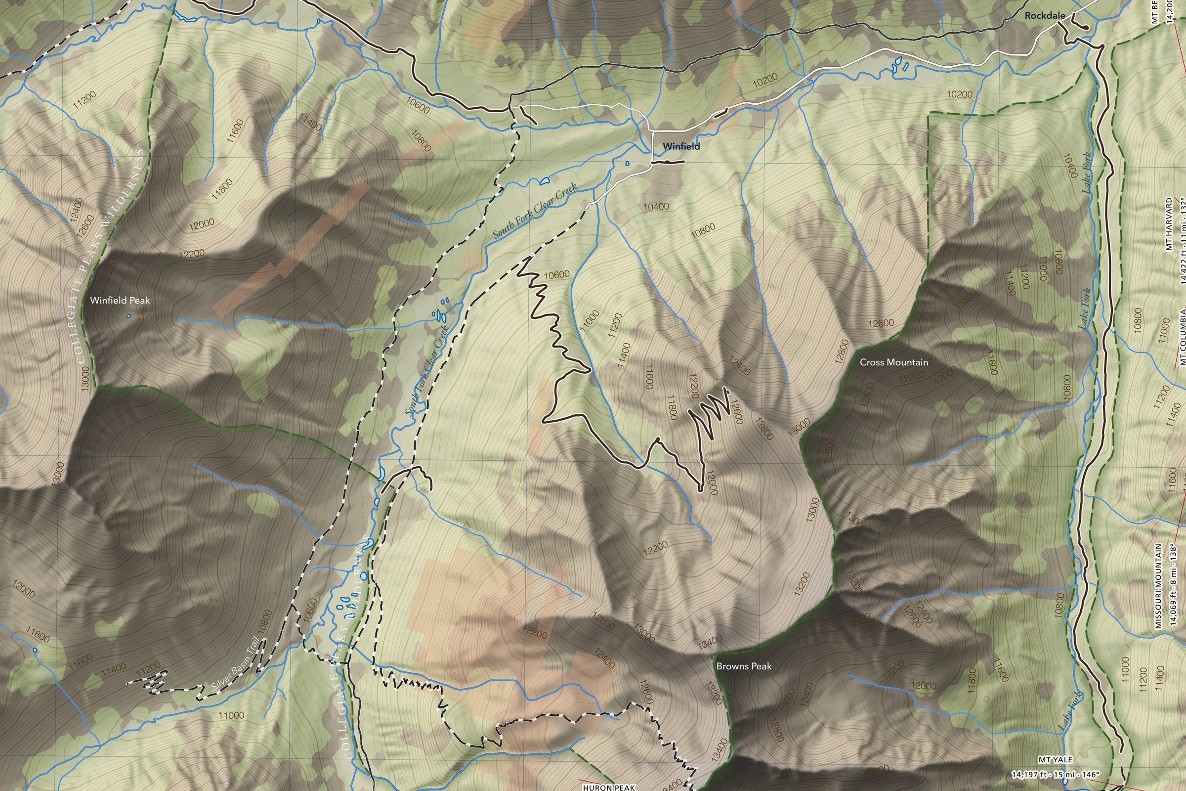 Close-up of the La Plata Peak map showing trails, lakes and contours