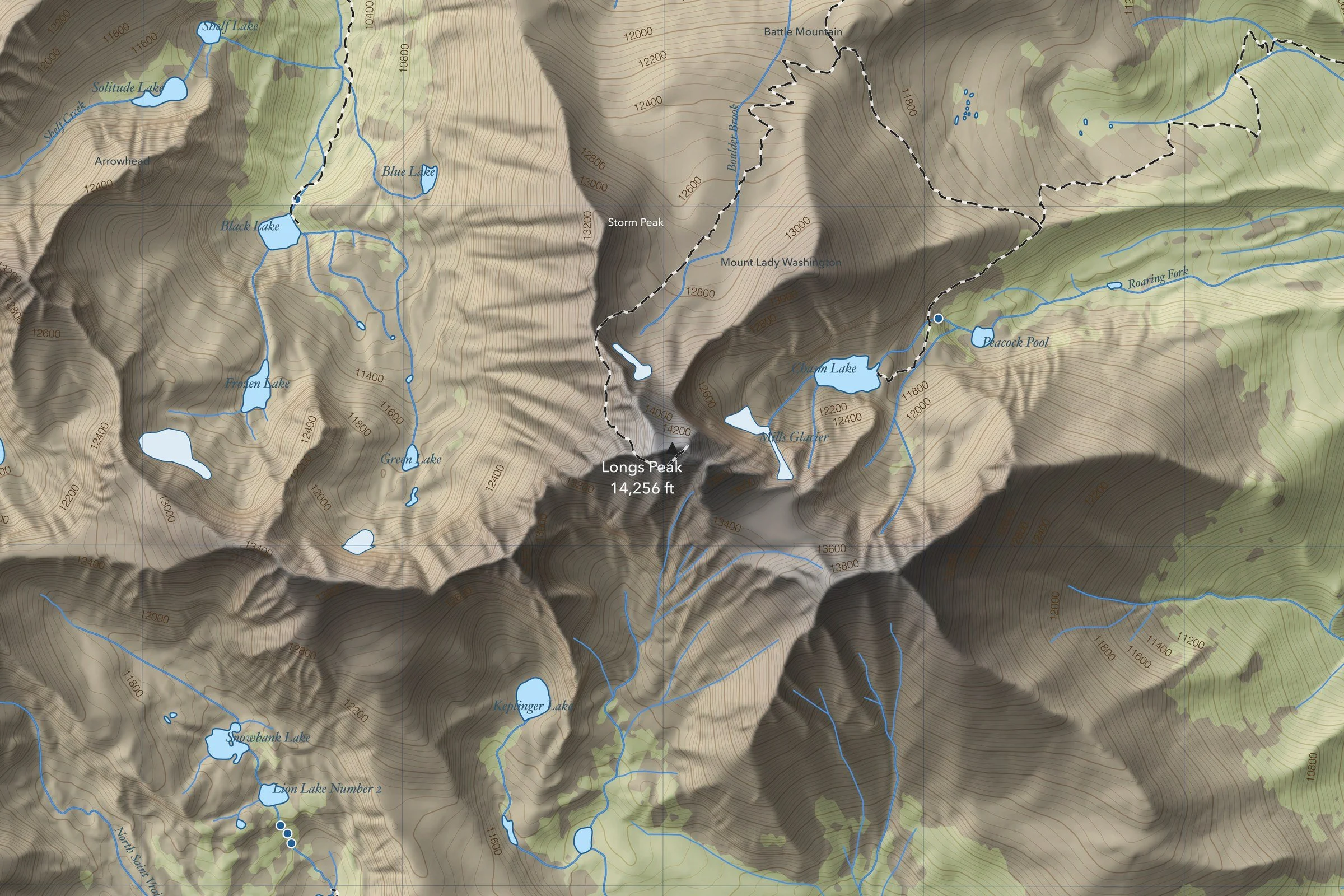Close-up of the Longs Peak map around the summit