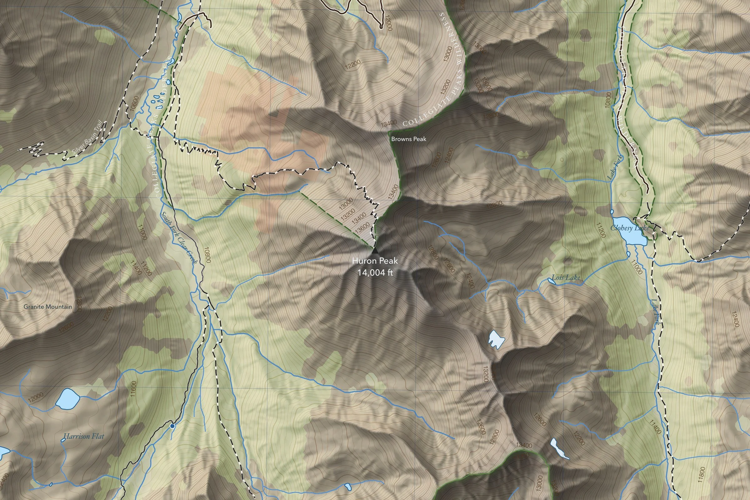 Close-up of the Huron Peak map around the summit