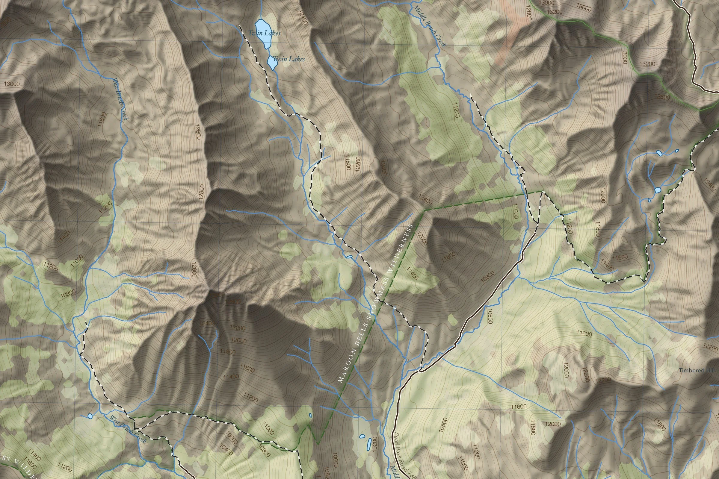 Close-up of the Castle & Conundrum map showing trails, lakes and contours