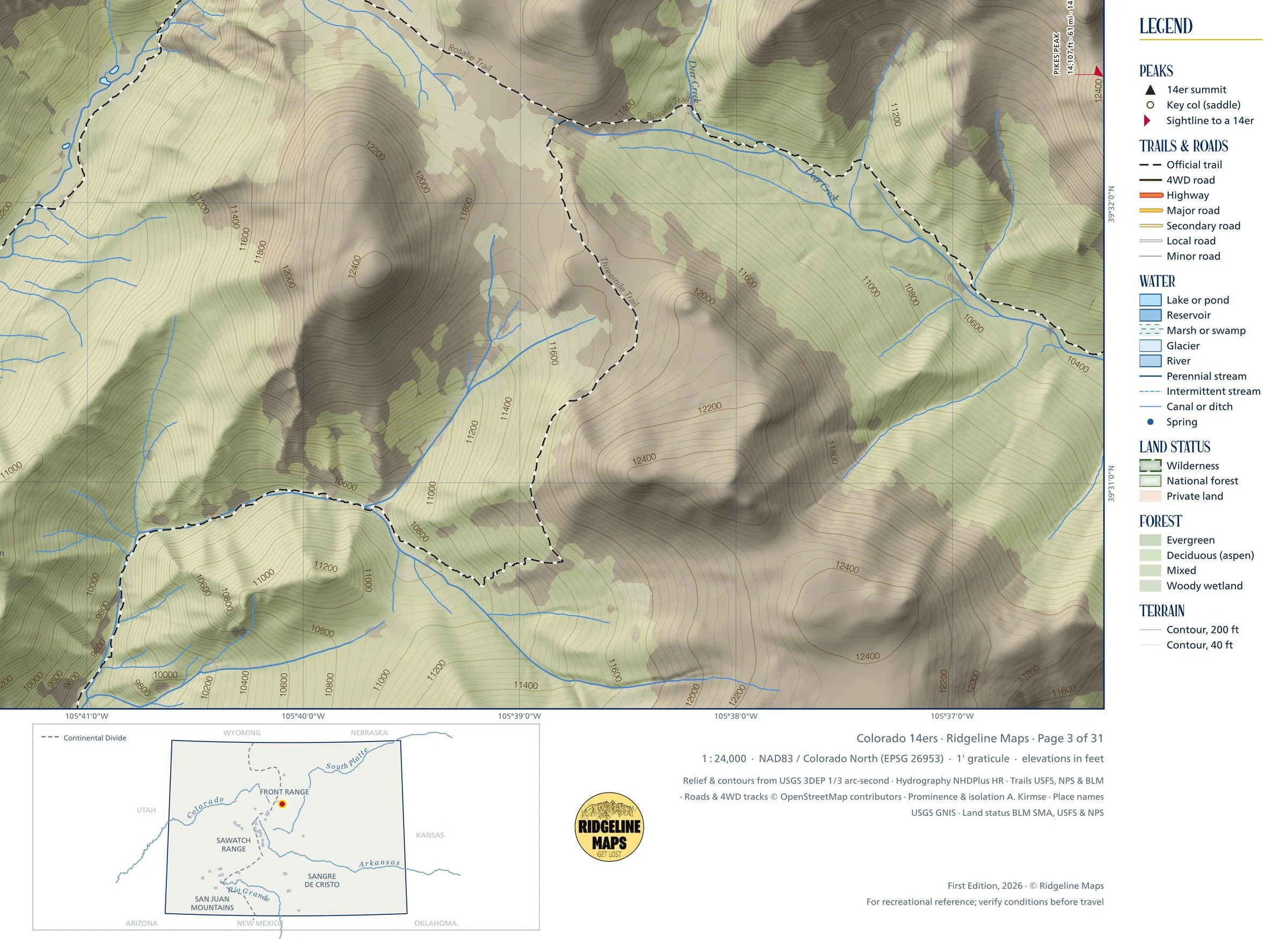 Mount Blue Sky & Mount Bierstadt map legend, Colorado locator map and data sources