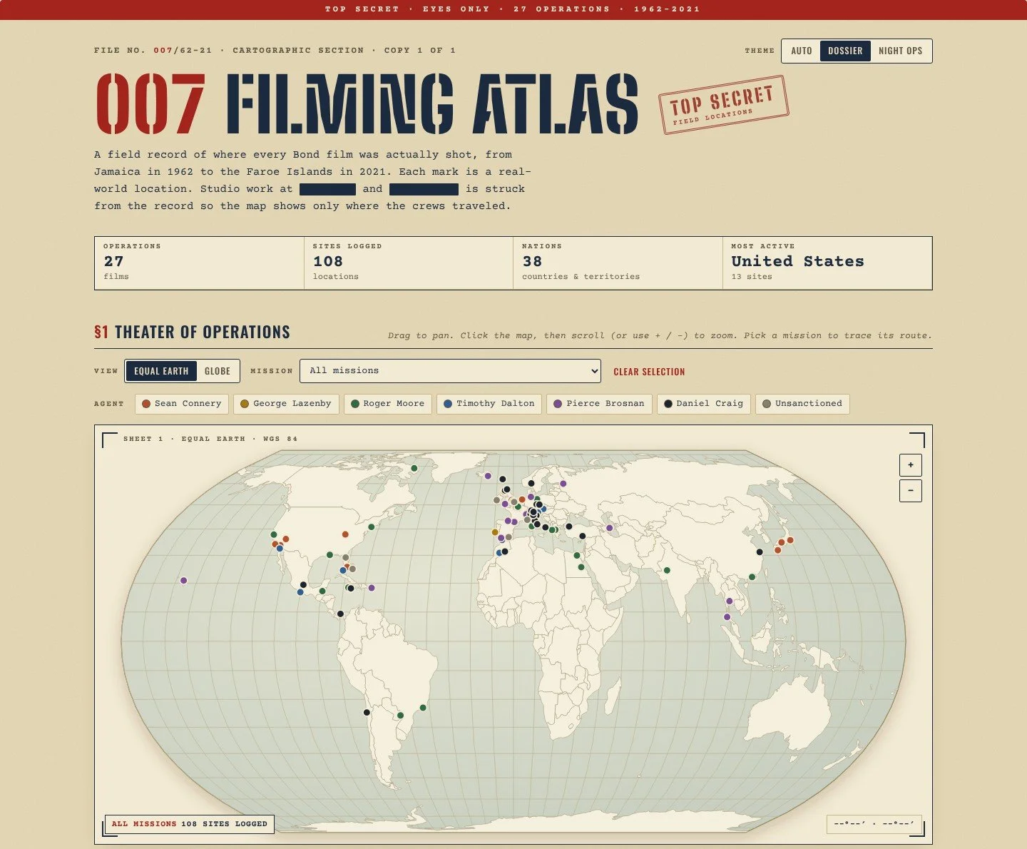007 Filming Atlas: a vintage-style world map marking where every James Bond film was shot
