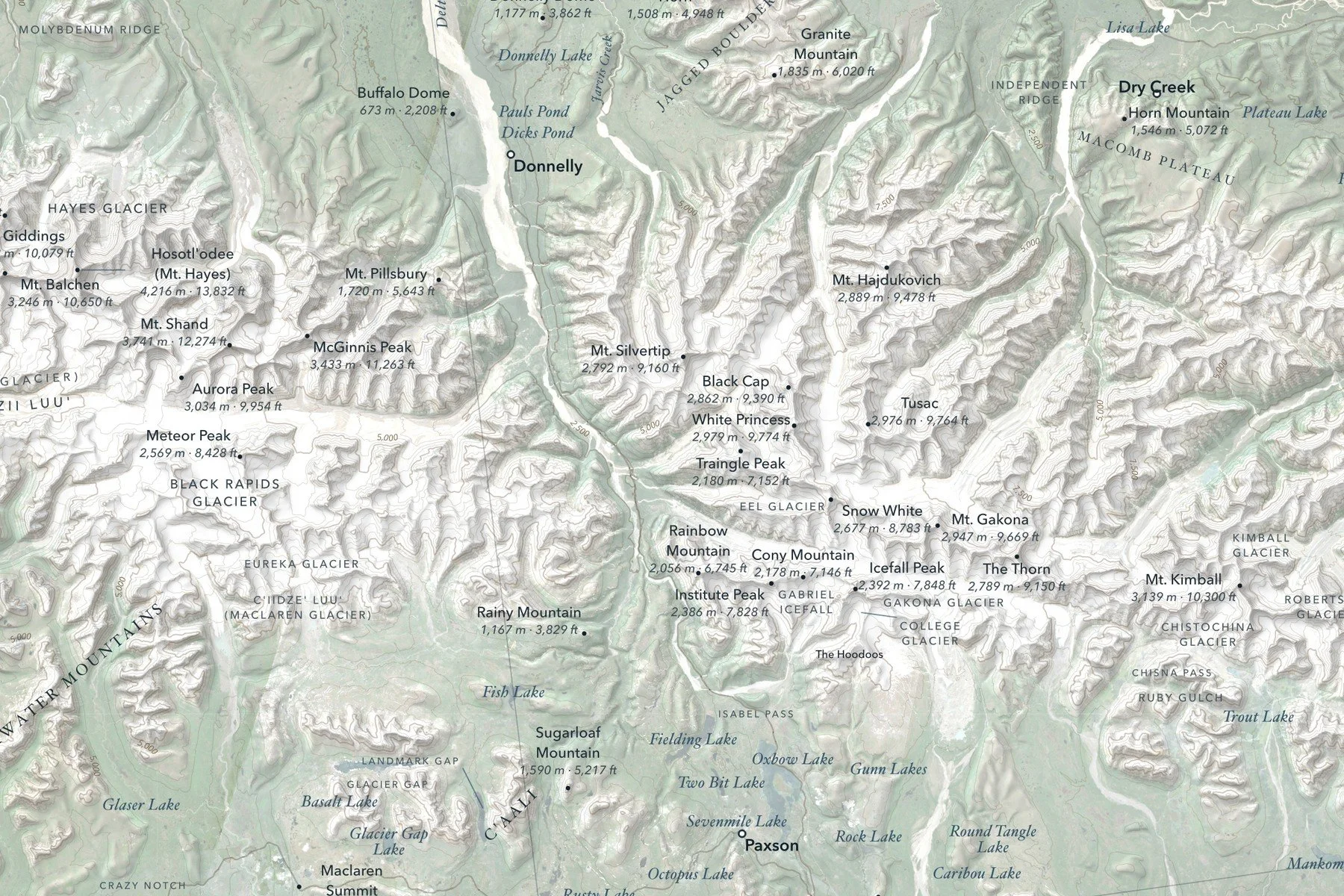 Detail of the Alaska Range map showing Mt. Hayes, the Delta River and the glaciers of the eastern Alaska Range