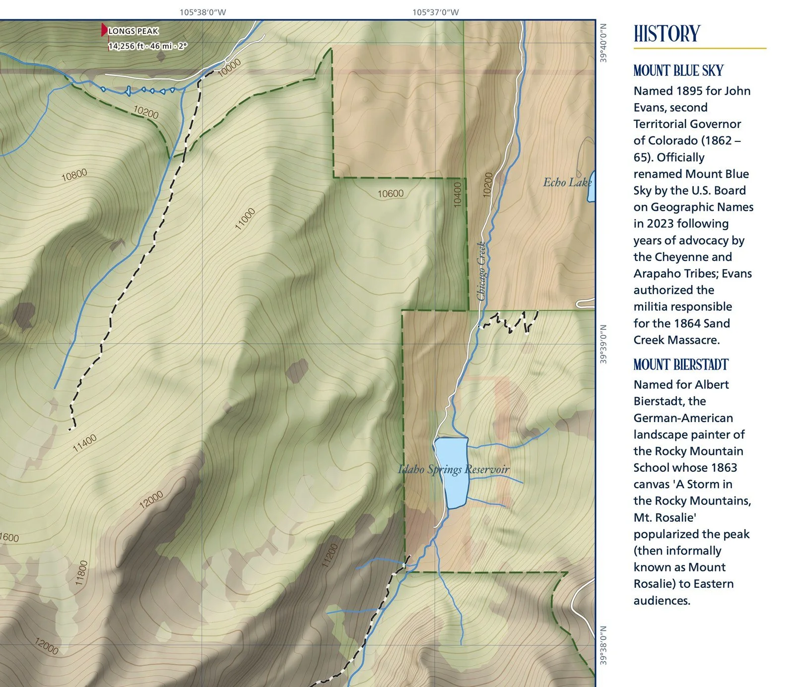 Mount Blue Sky & Mount Bierstadt map margin notes on the history behind the peak names