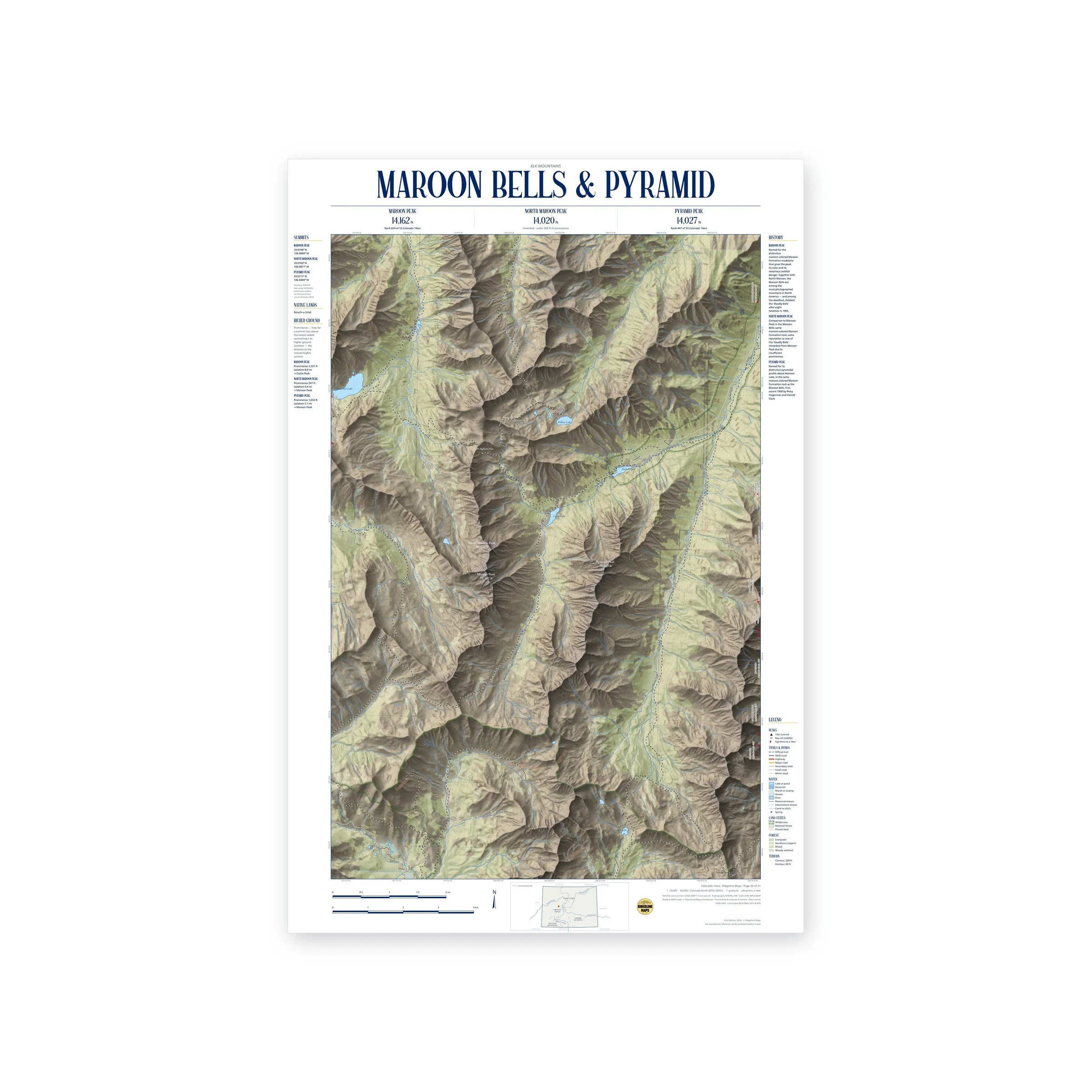 Maroon Bells & Pyramid: Maroon Peak, North Maroon Peak & Pyramid Peak topographic map print, full view