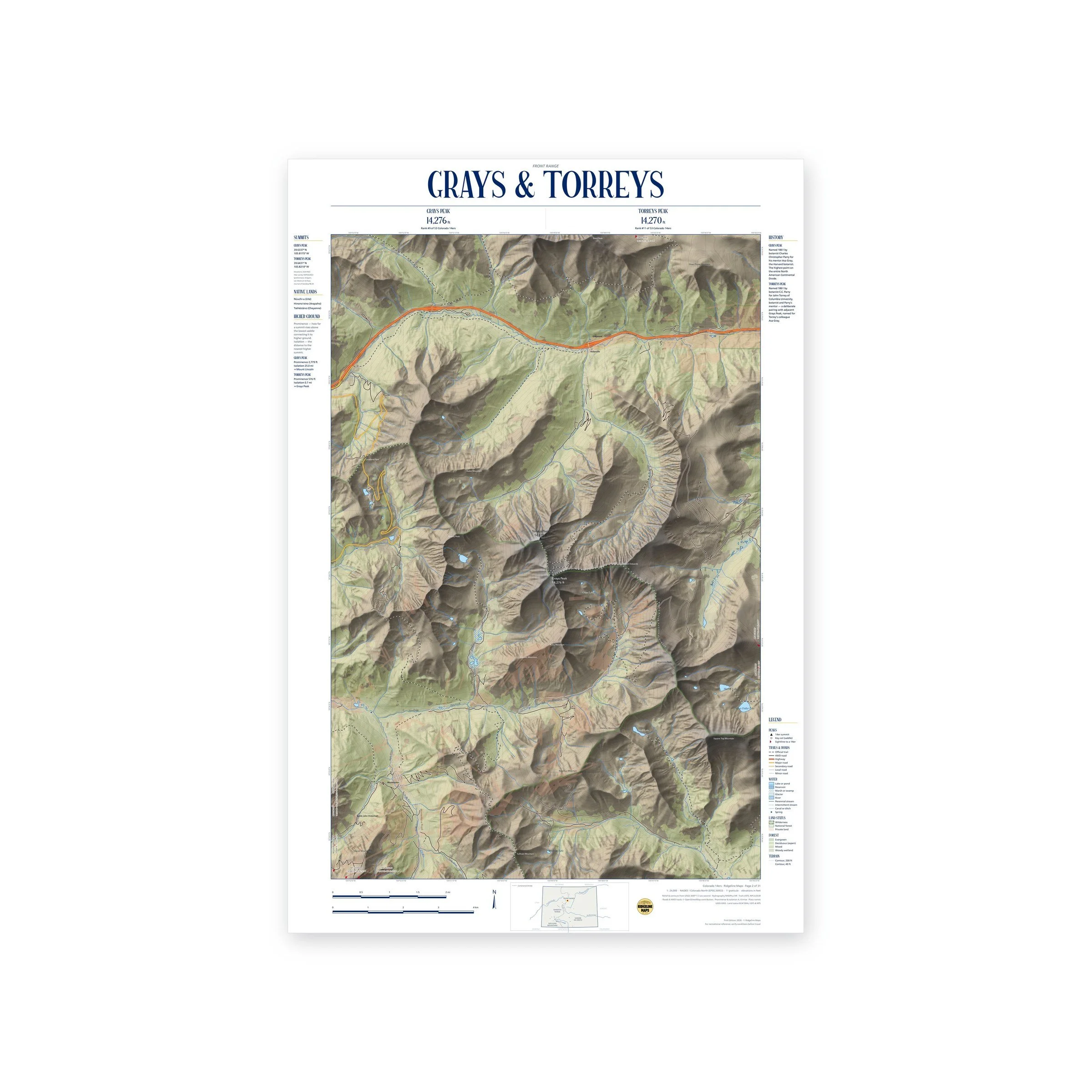 Grays Peak & Torreys Peak topographic map print, full view