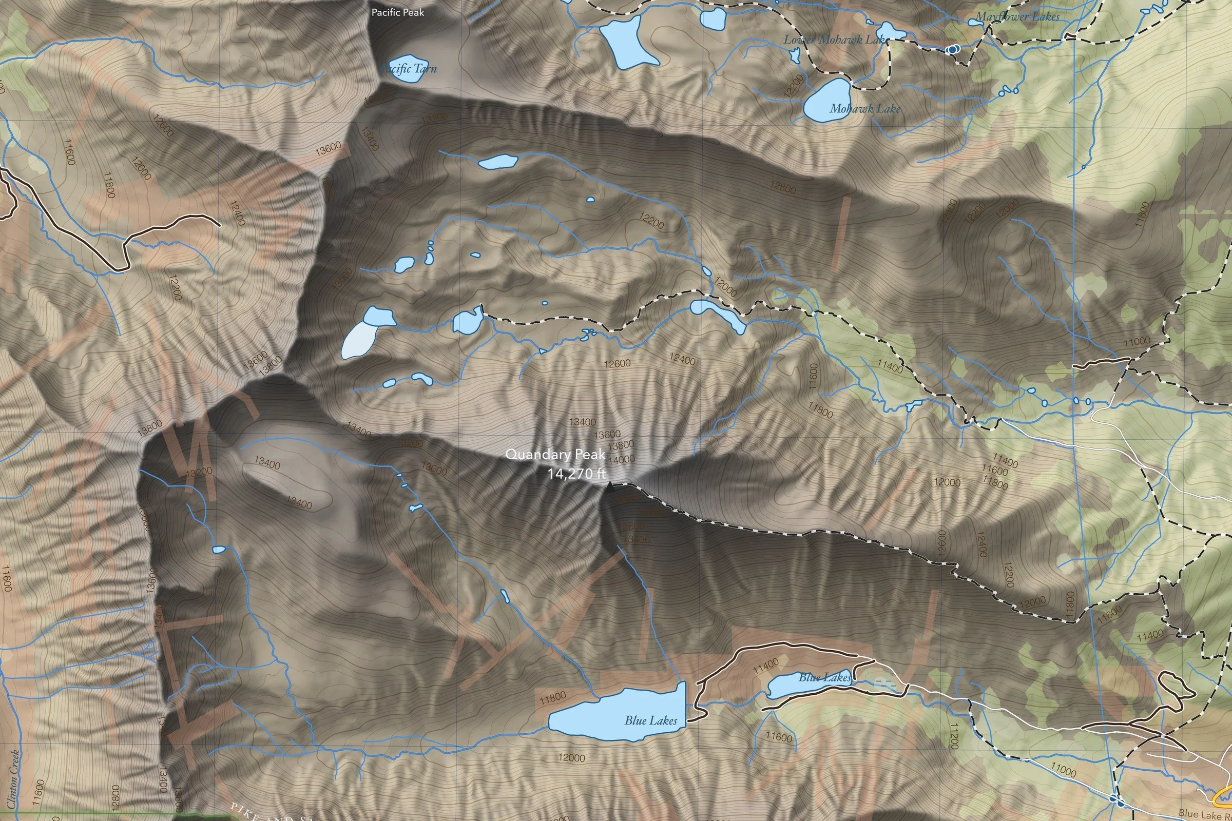 Close-up of the Decalibron map showing trails, lakes and contours