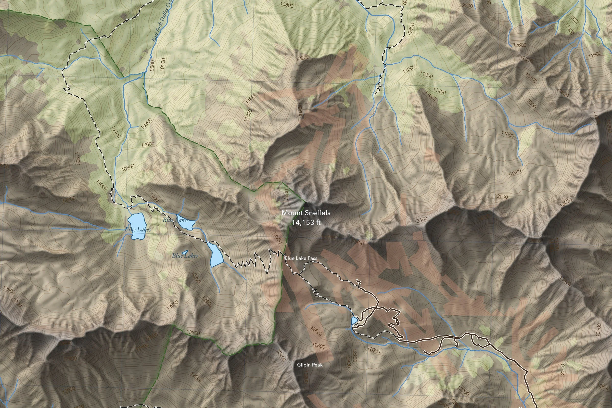 Close-up of the Mount Sneffels map around the summit