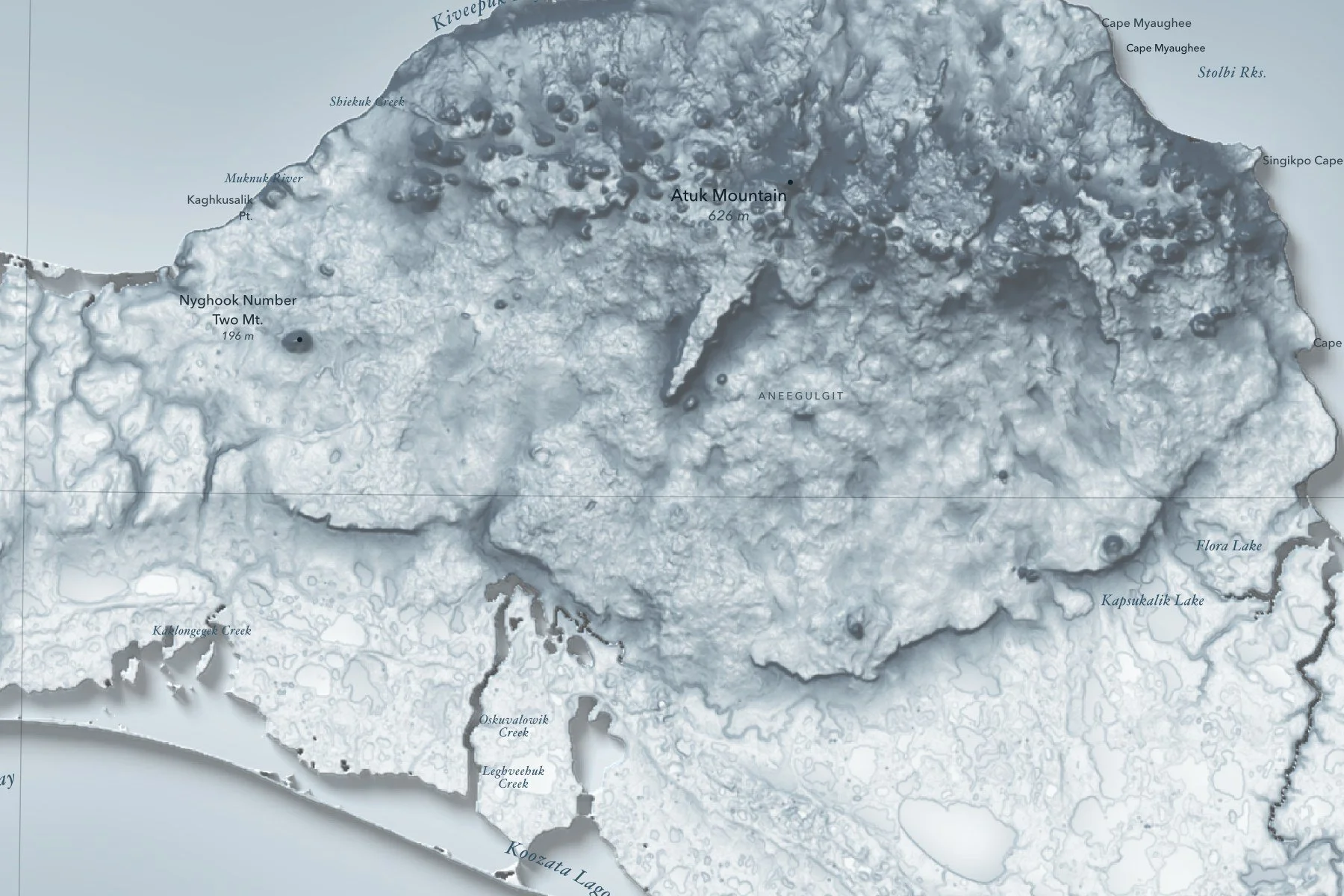 Close-up of the shaded relief and labels on the St. Lawrence Island map