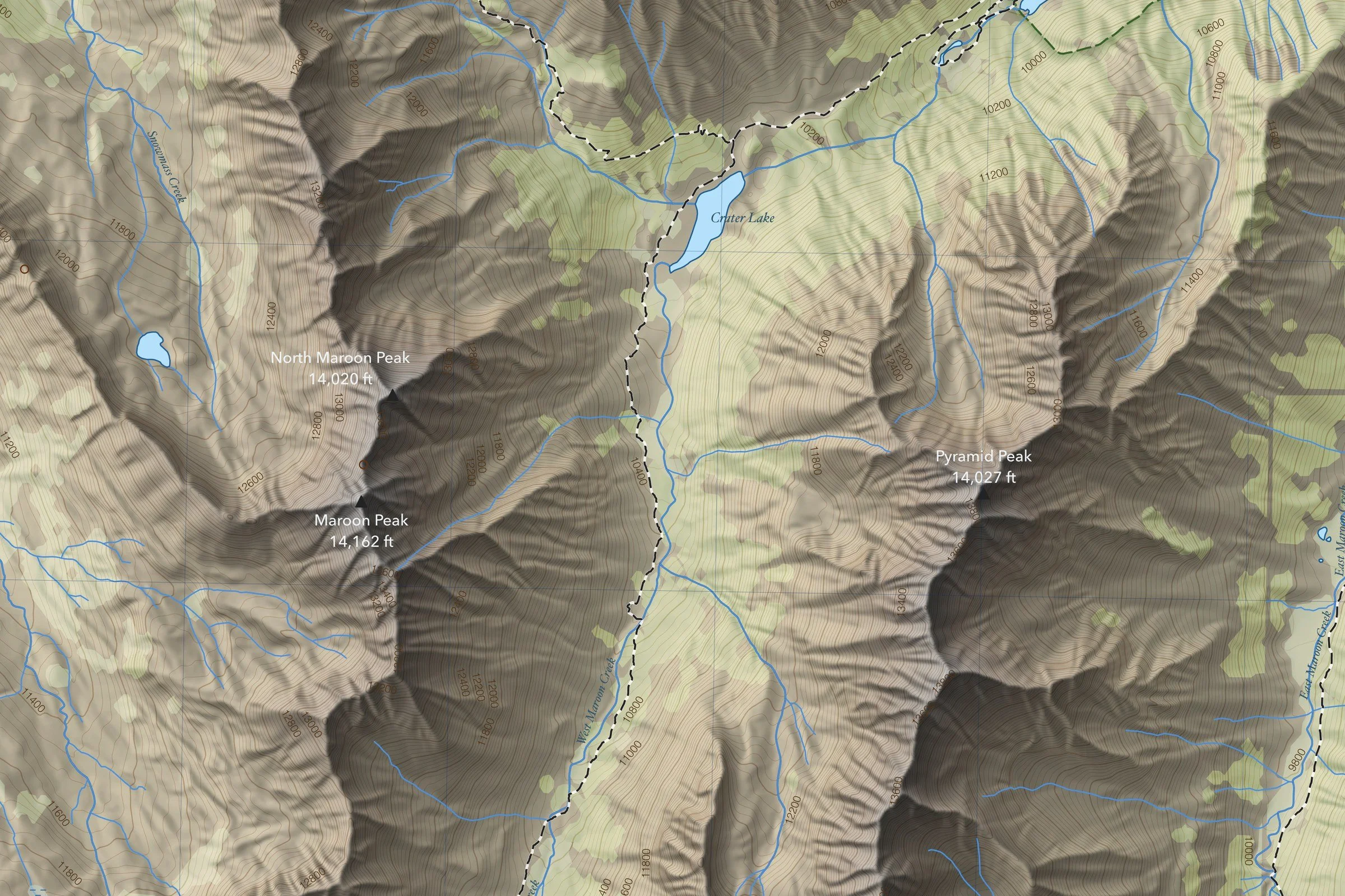 Close-up of the Maroon Bells & Pyramid map around the summit