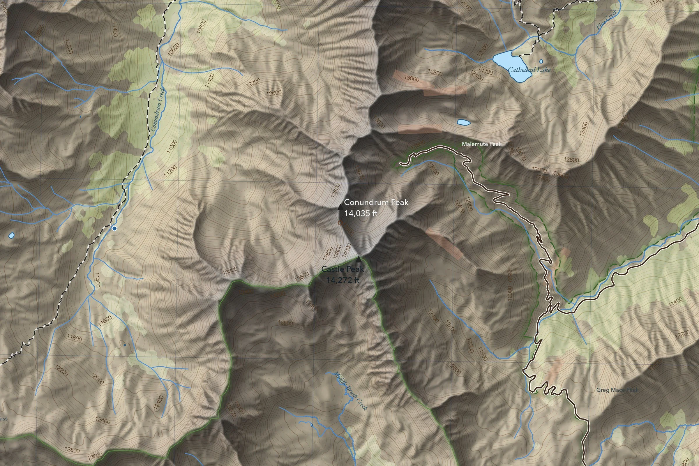 Close-up of the Castle & Conundrum map around the summit