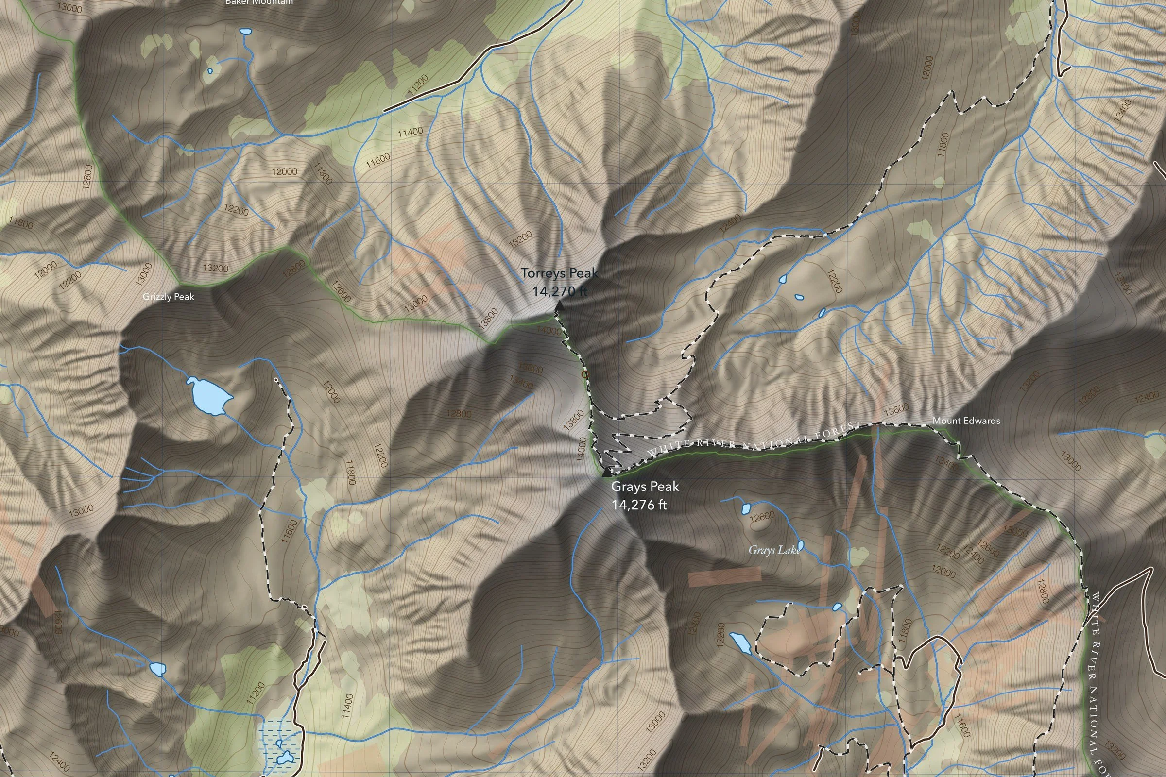 Close-up of the Grays & Torreys map around the summit