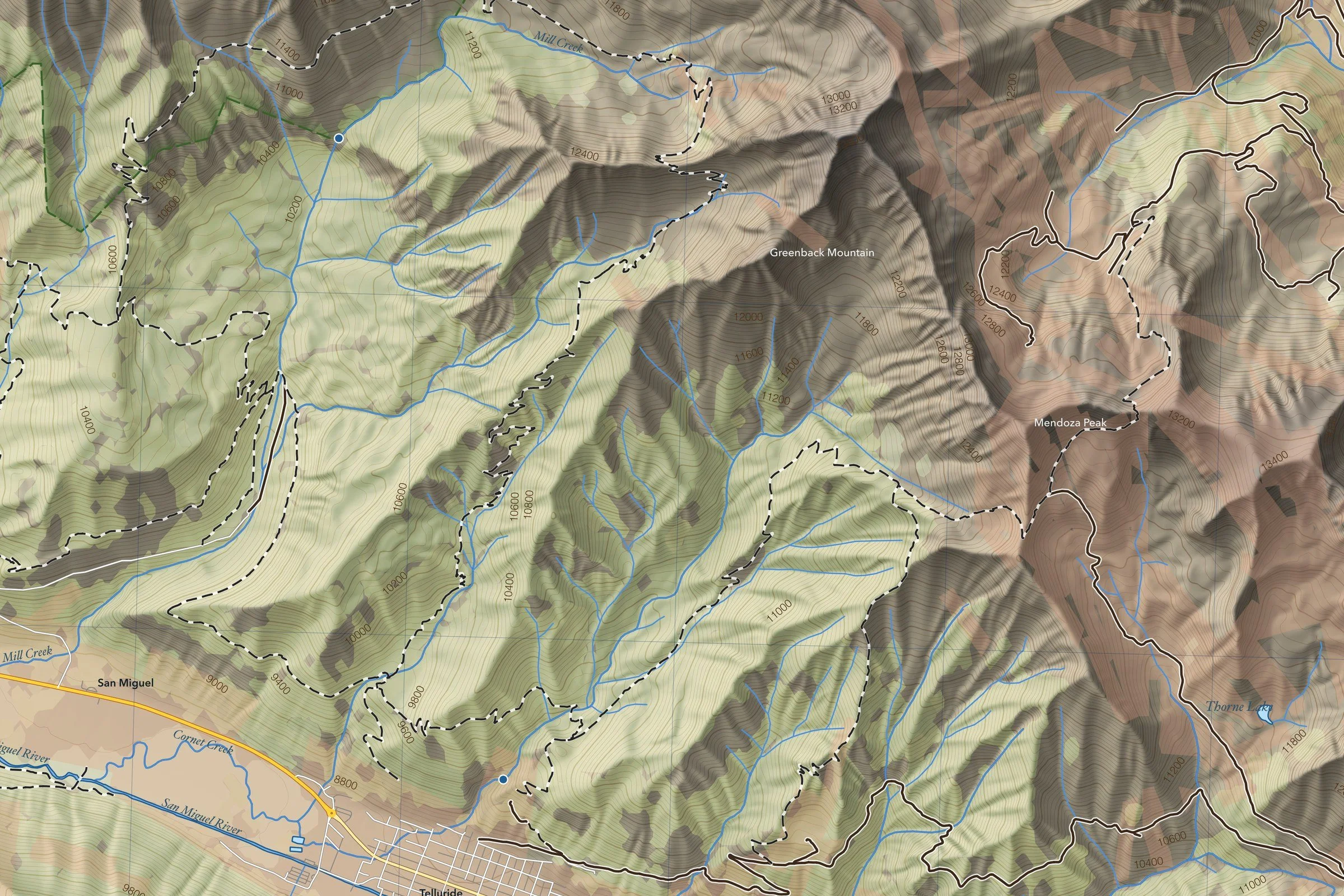 Close-up of the Mount Sneffels map showing trails, lakes and contours