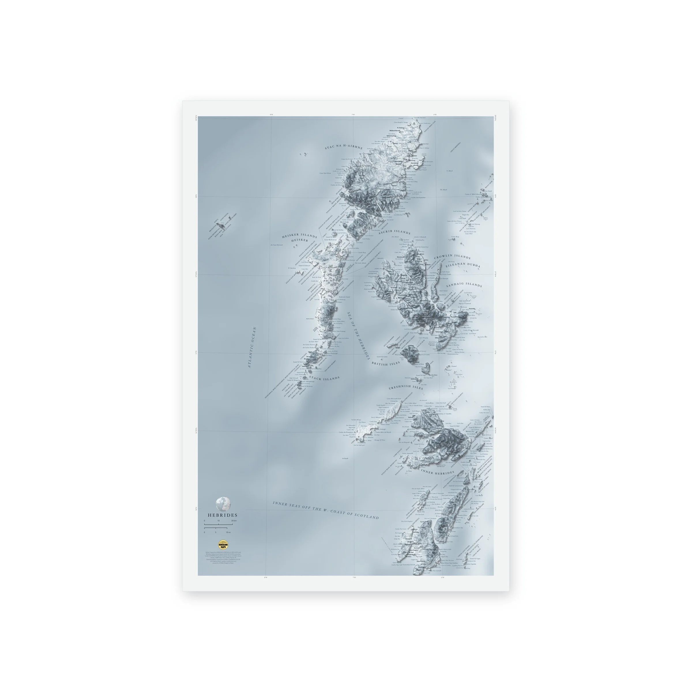 Shaded relief map of the Hebrides, Scotland, from Lewis and Harris to Islay and Jura