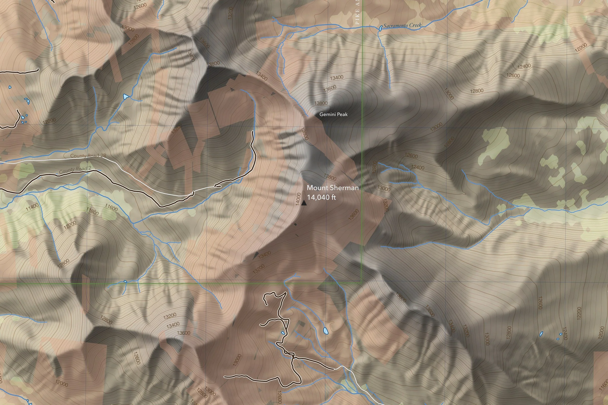 Close-up of the Mount Sherman map around the summit