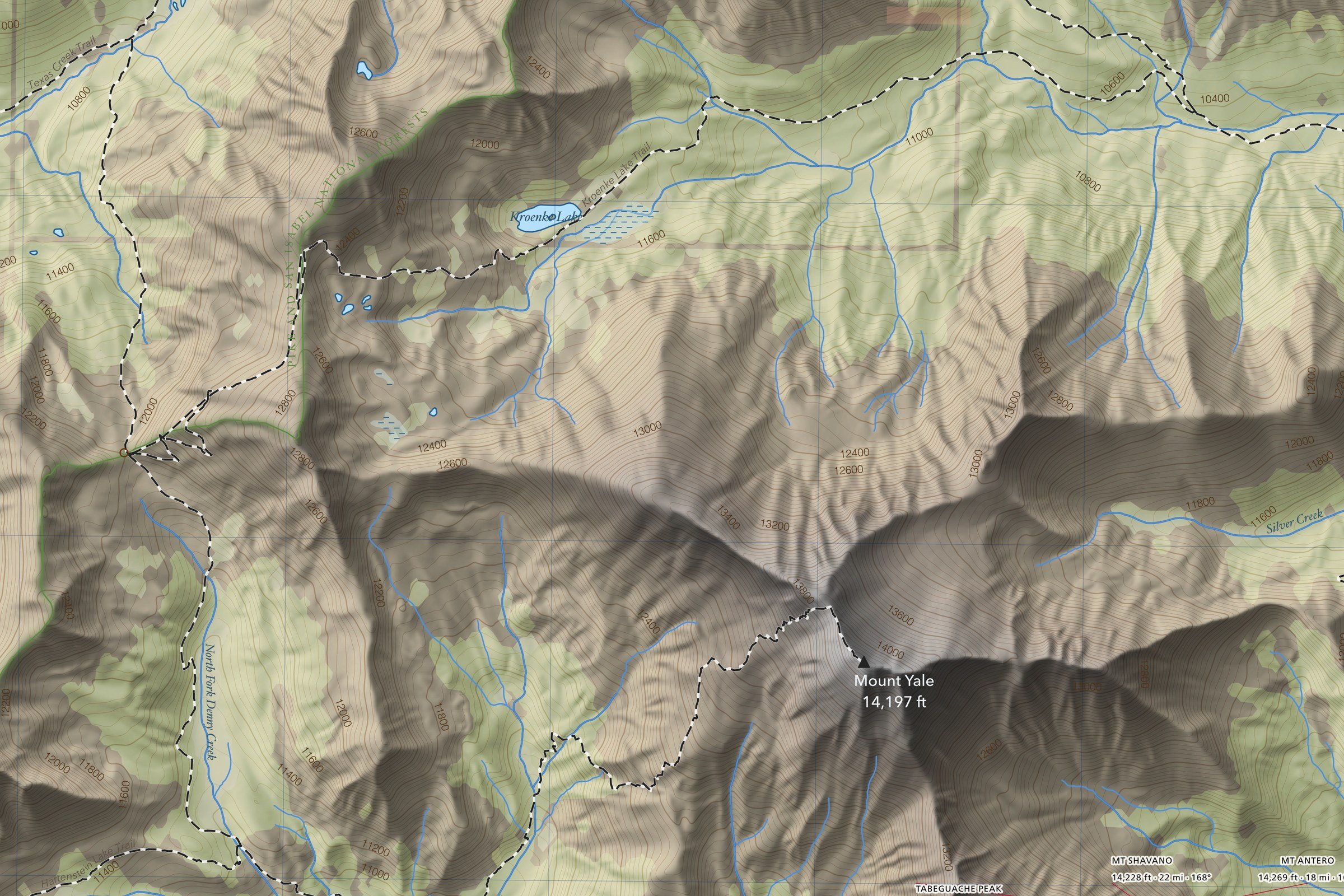 Close-up of the Harvard & Columbia map showing trails, lakes and contours