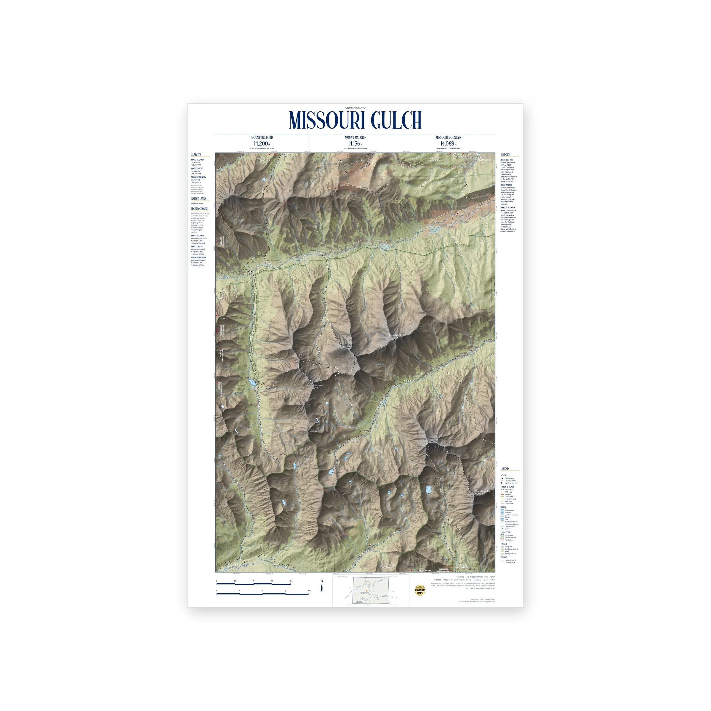 Missouri Gulch: Mount Belford, Mount Oxford & Missouri Mountain topographic map print, full view