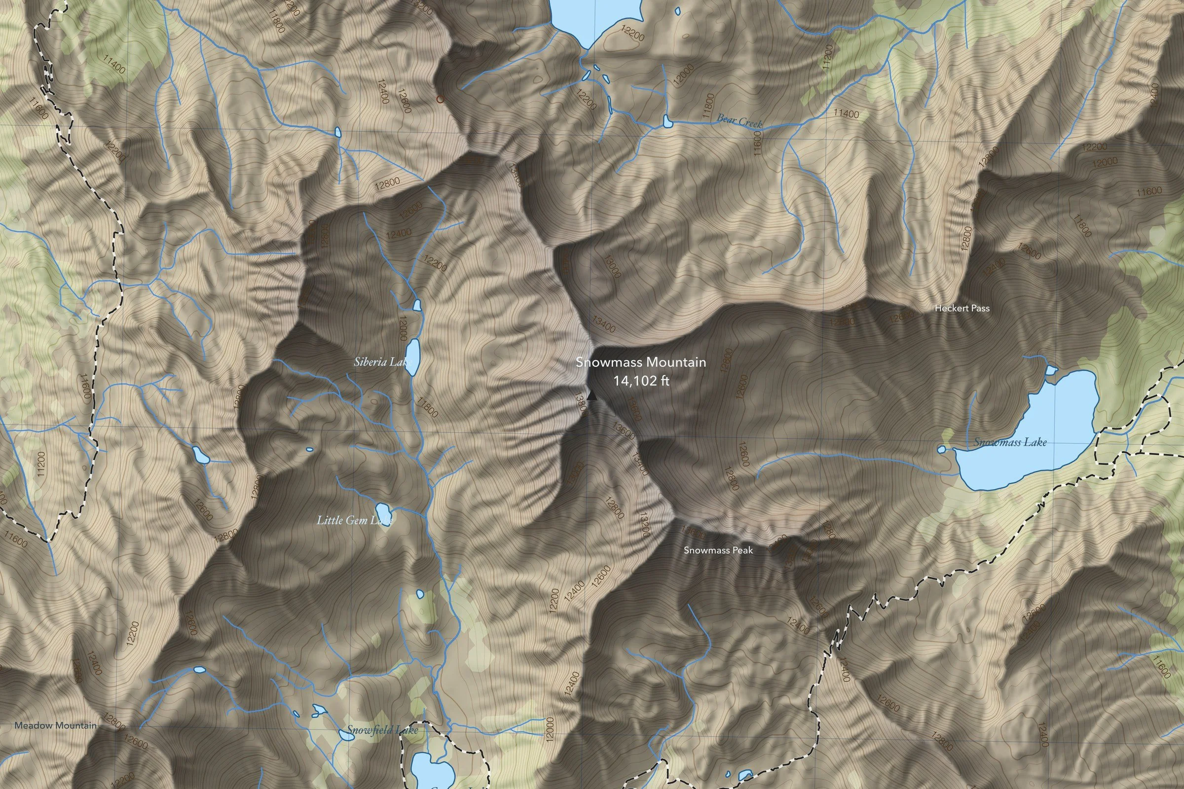 Close-up of the Snowmass Mountain map around the summit