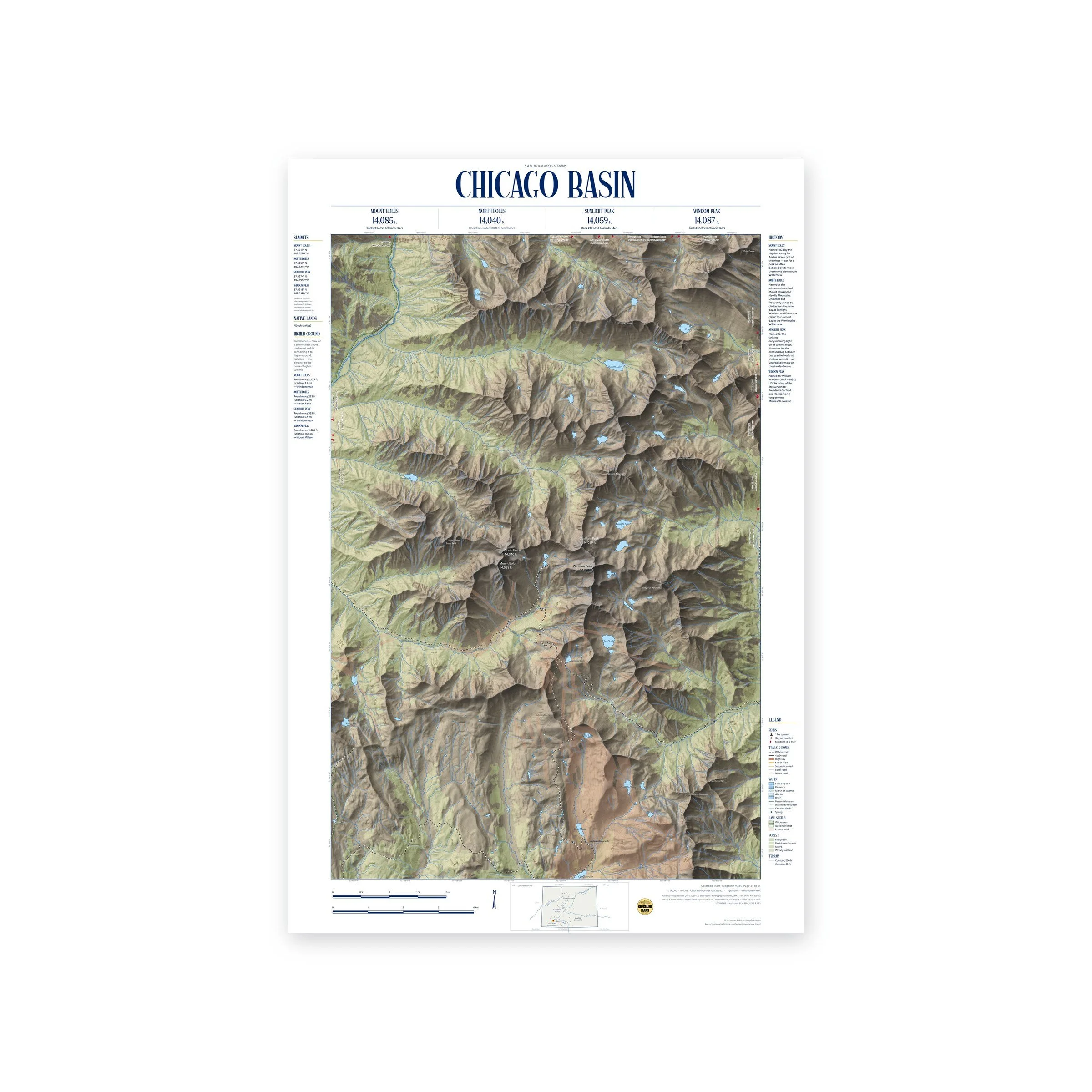 Chicago Basin: Mount Eolus, North Eolus, Sunlight Peak & Windom Peak topographic map print, full view