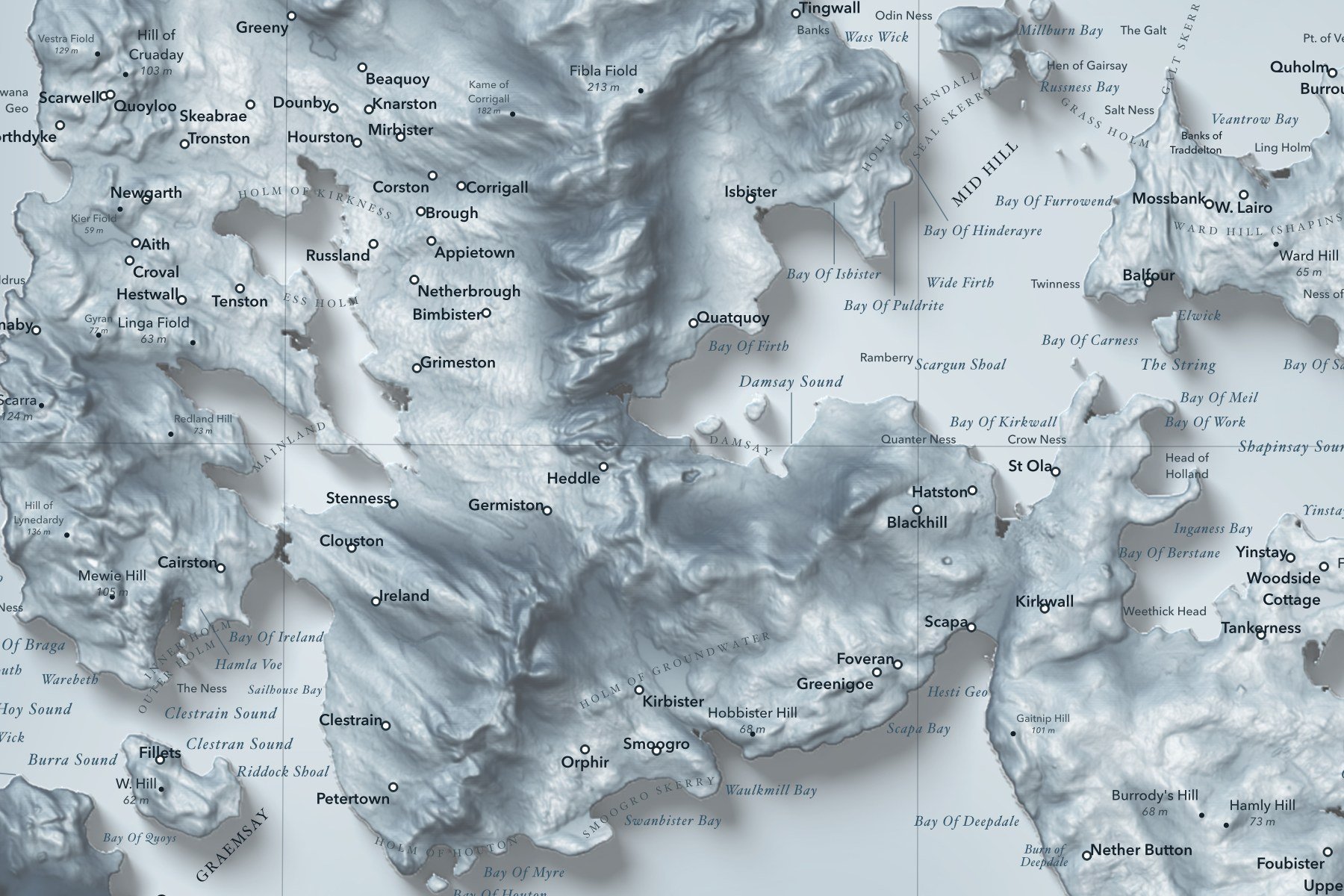 Close-up of Mainland, Orkney, on the shaded relief map