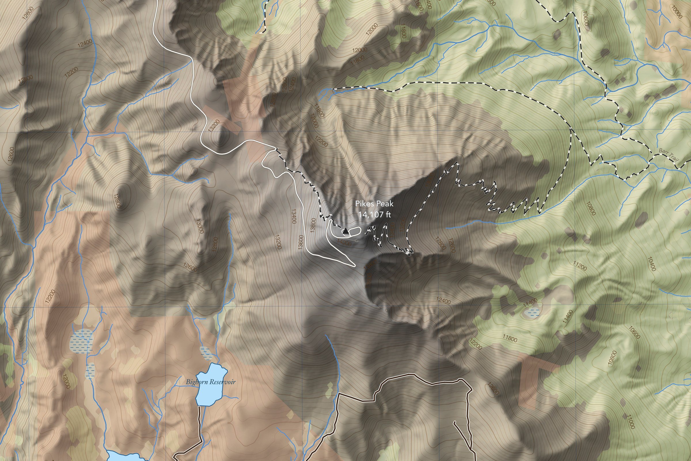 Close-up of the Pikes Peak map around the summit