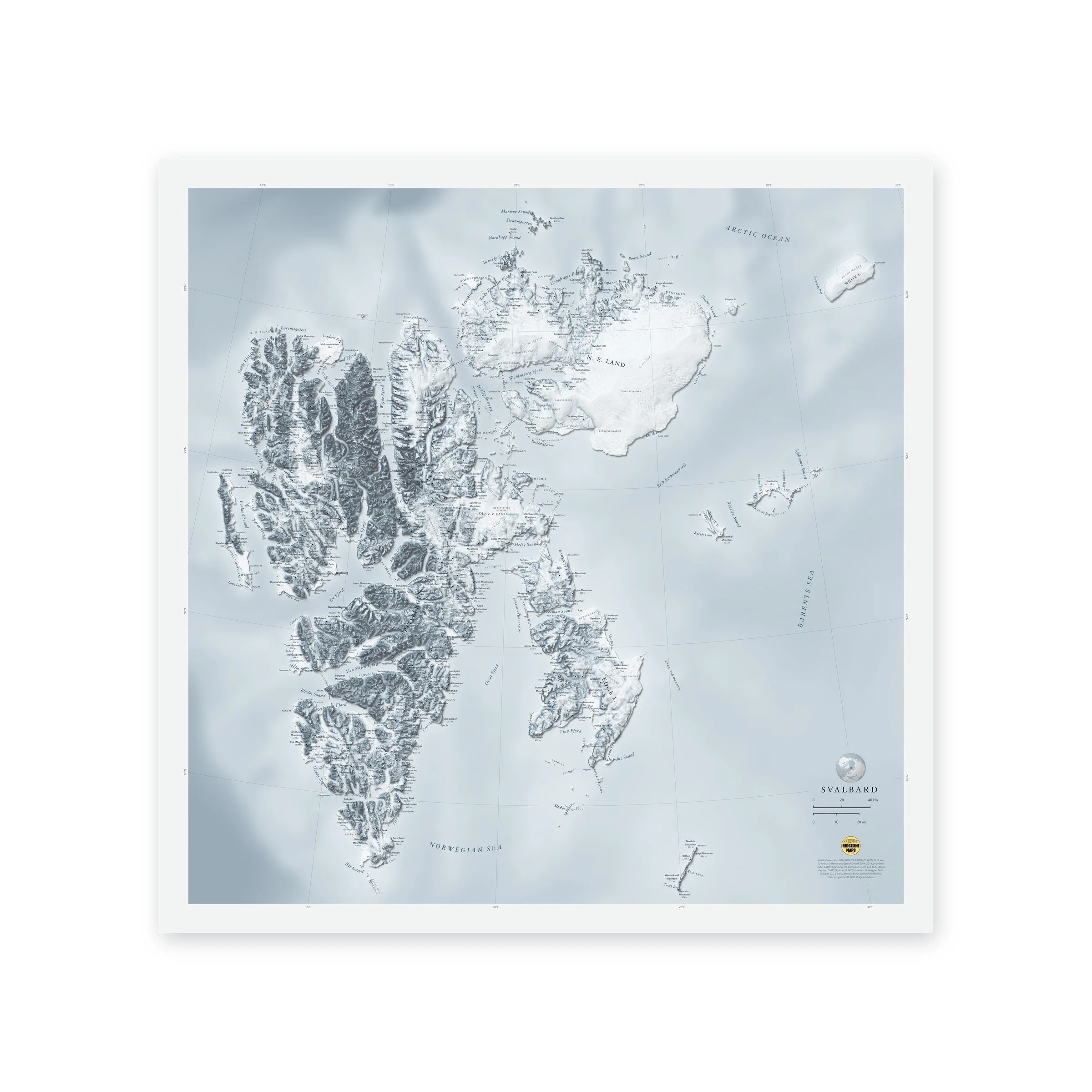 Shaded relief map of Svalbard and Spitsbergen in the Arctic