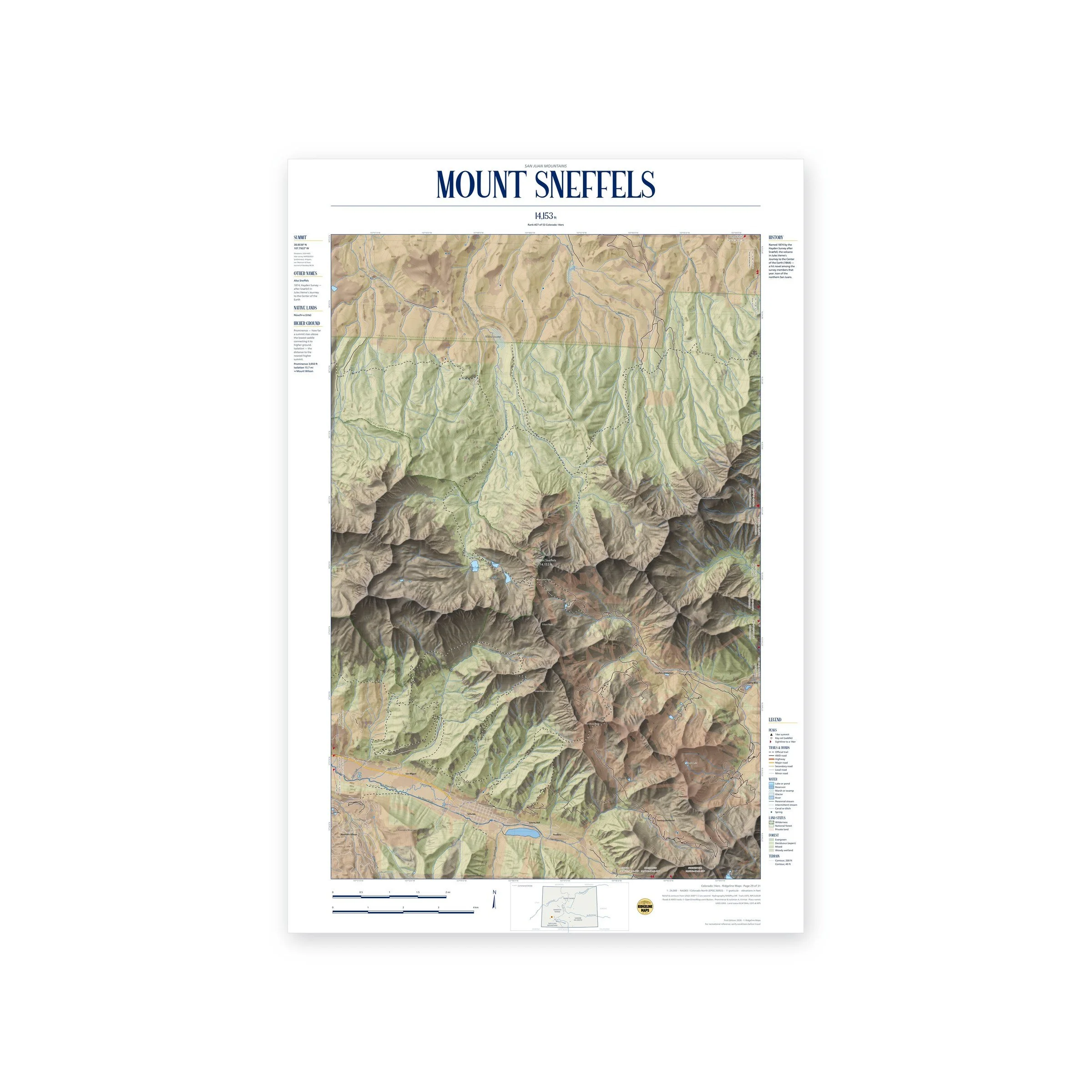 Mount Sneffels topographic map print, full view